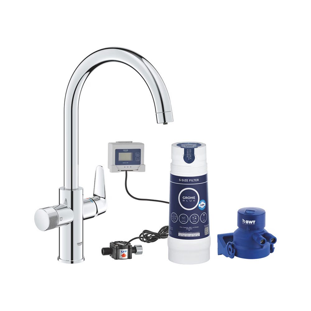 Grohe Küchenarmatur Blue Pure BauCurve C-Auslauf Starter Kit mit S-Size Filter Chrom