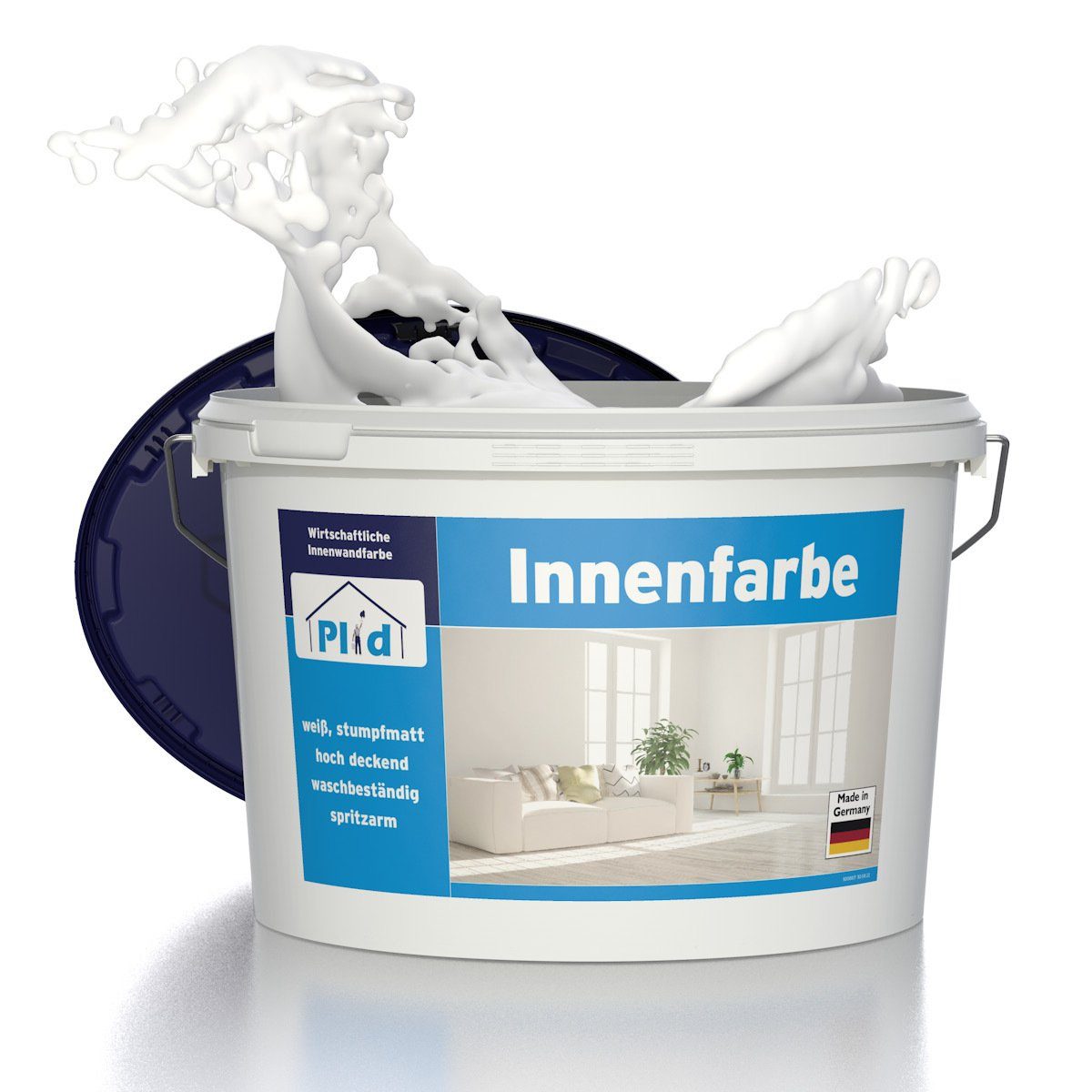plid Wand- und Deckenfarbe Innenfarbe Wandfarbe Deckenfarbe Profi Farbe spritzarm hohe Deckkraft, schnelltrocknend, spritzarm, verarbeitungsfertig
