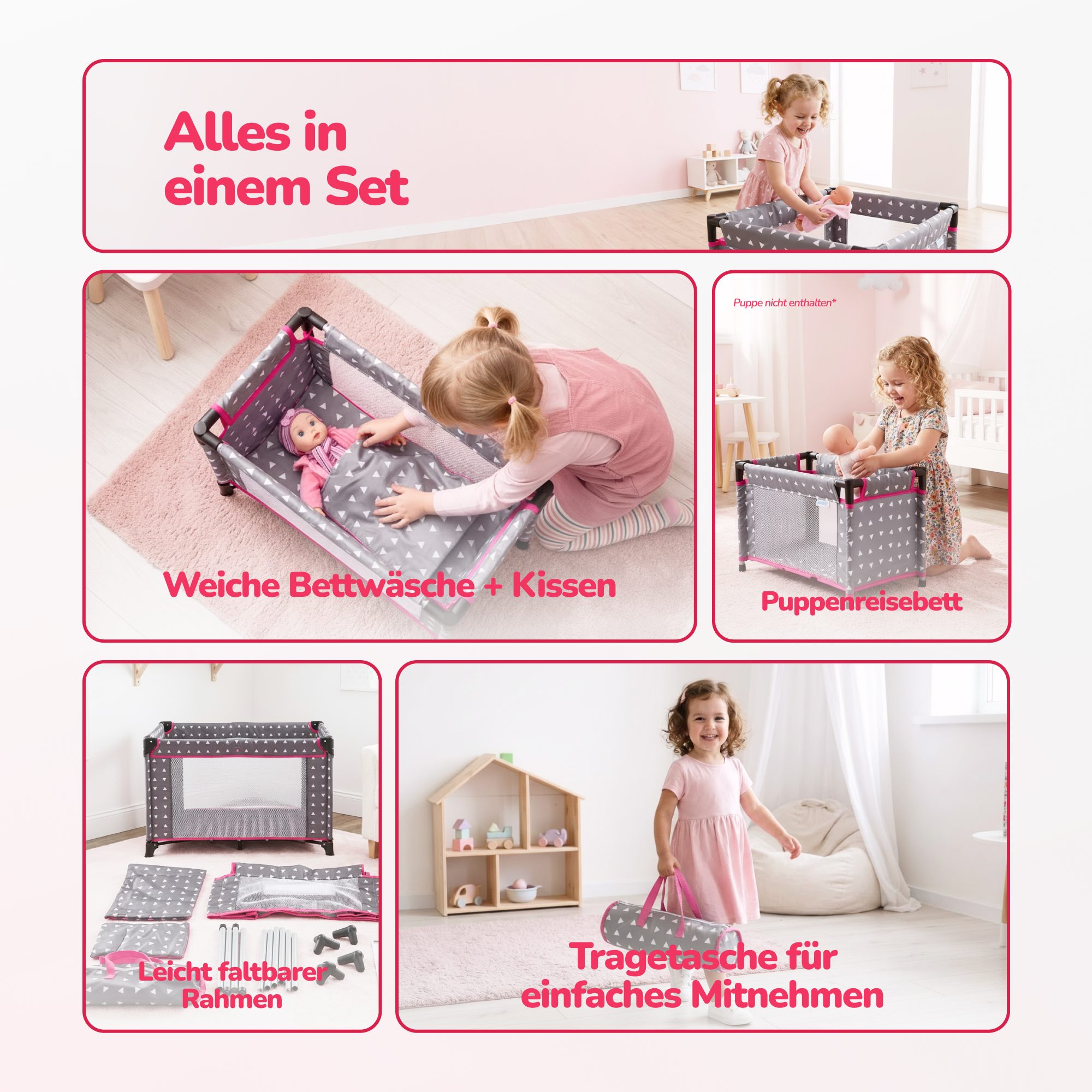 kinderplay Puppenbett Puppenreisebett mit Tasche – faltbar & stabil – für Puppen bis 46 cm