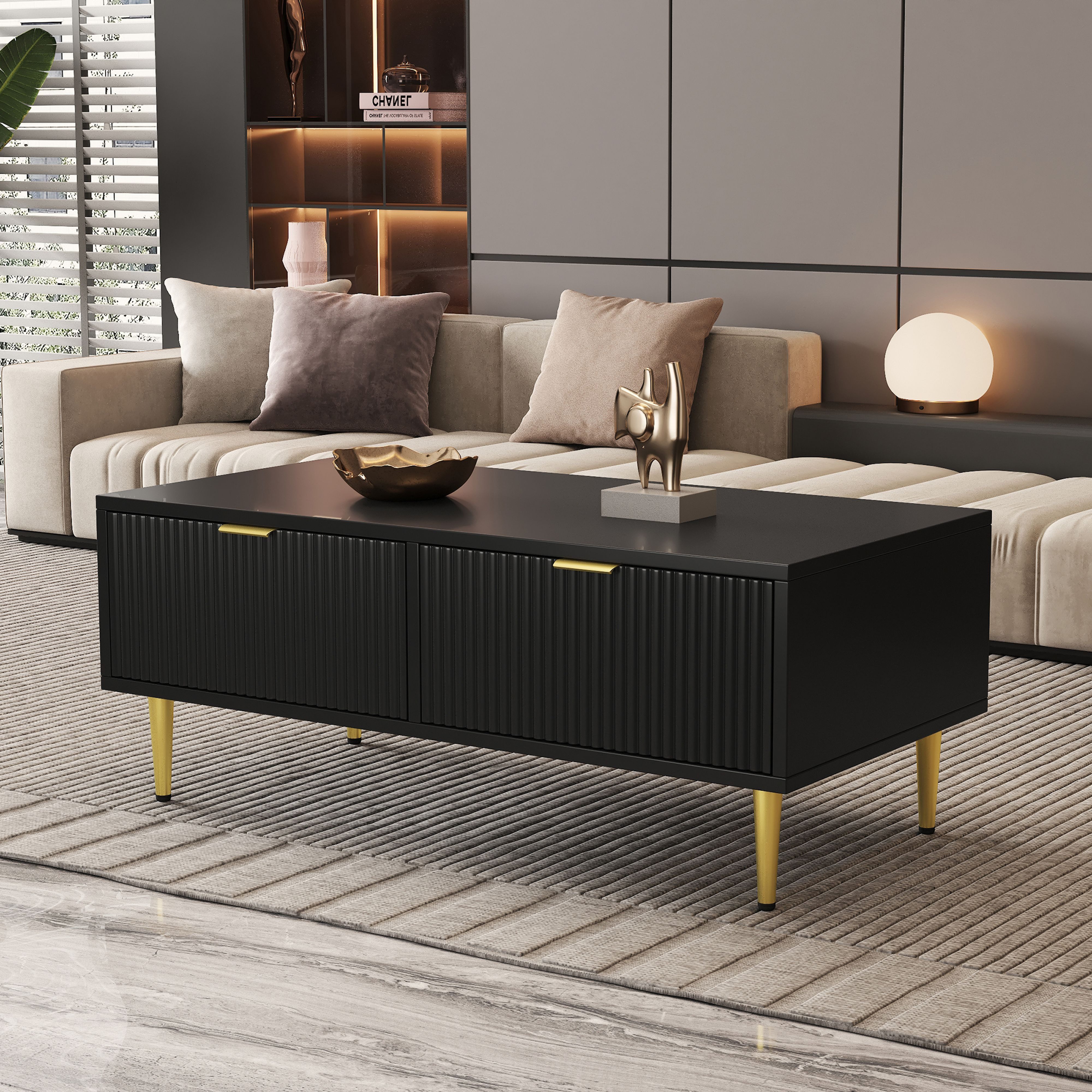 BlingBin Couchtisch Sofa niedriger Tisch (100*50*40cm), mit Golddekoration, 2 Schubladen, vertikales Streifendesign