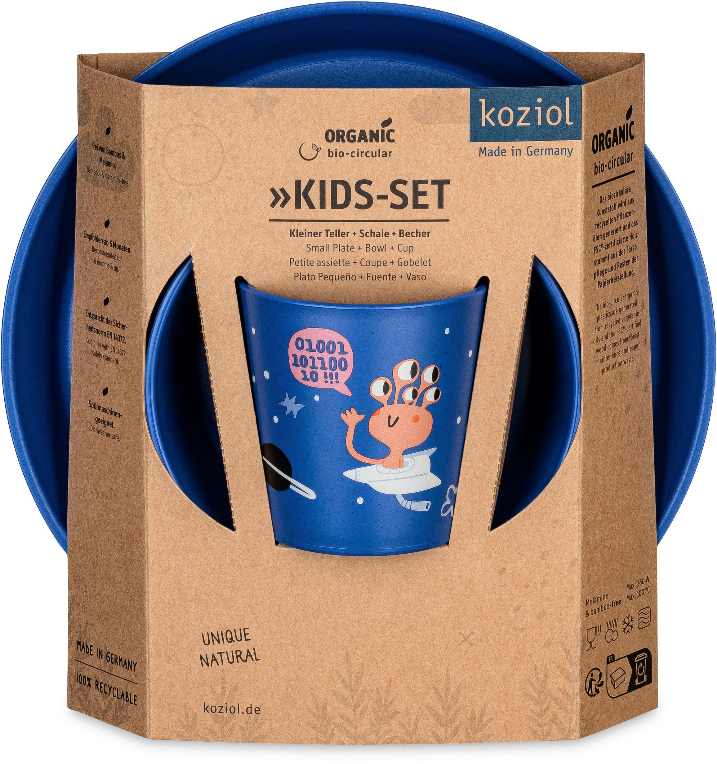 KOZIOL Kindergeschirr-Set Kleiner Teller + Schale + Becher CONNECT SPACE (3-tlg), 1 Personen, Kunststoff, 100% melaminfrei & recycelbar, CO² neutral in Deutschland produziert!
