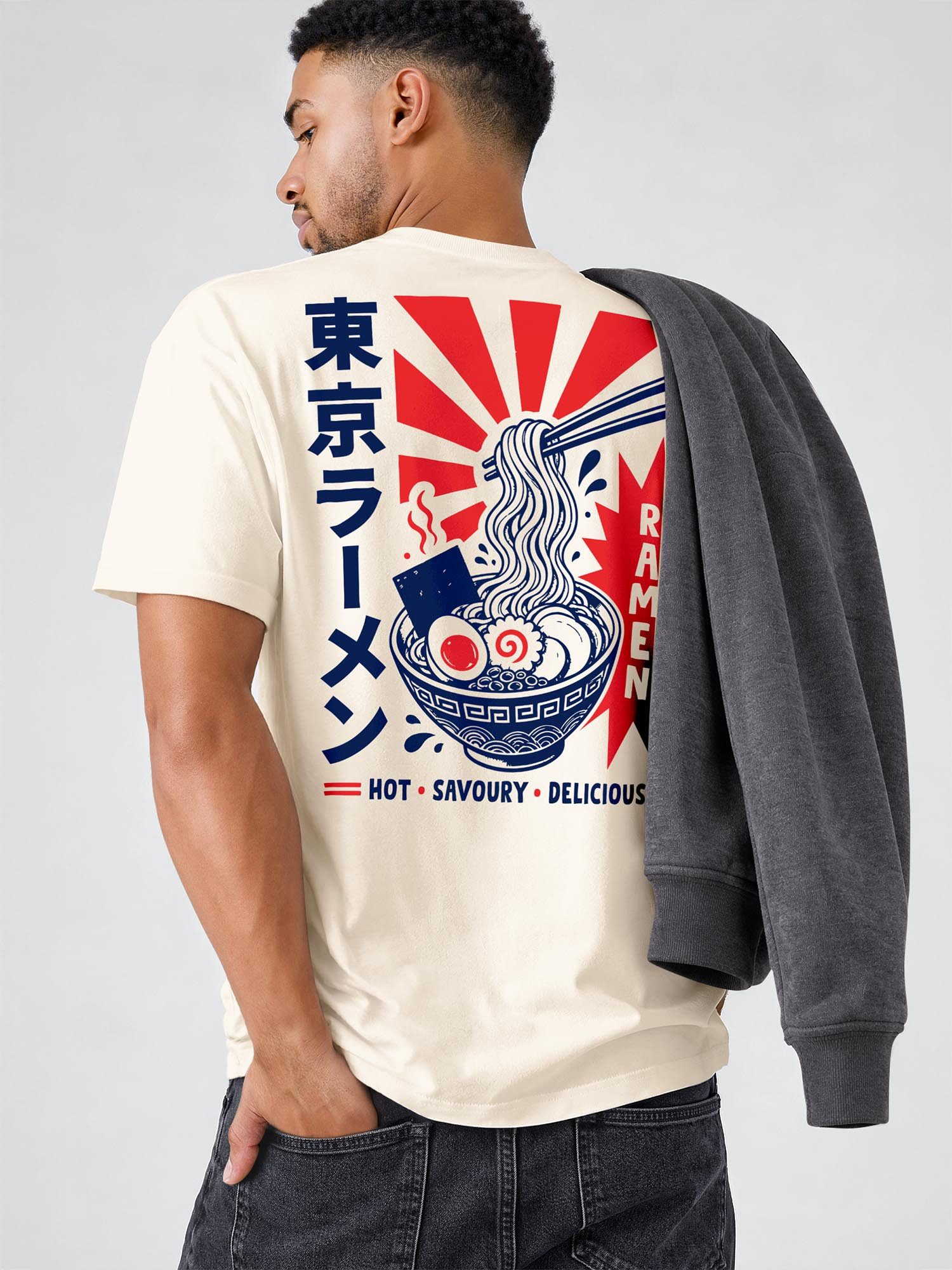 Neverless Oversize-Shirt Herren T-Shirt - Design Asia Ramen - Relaxed Fit Printshirt Sommer mit Print – Bild 5 von 5
