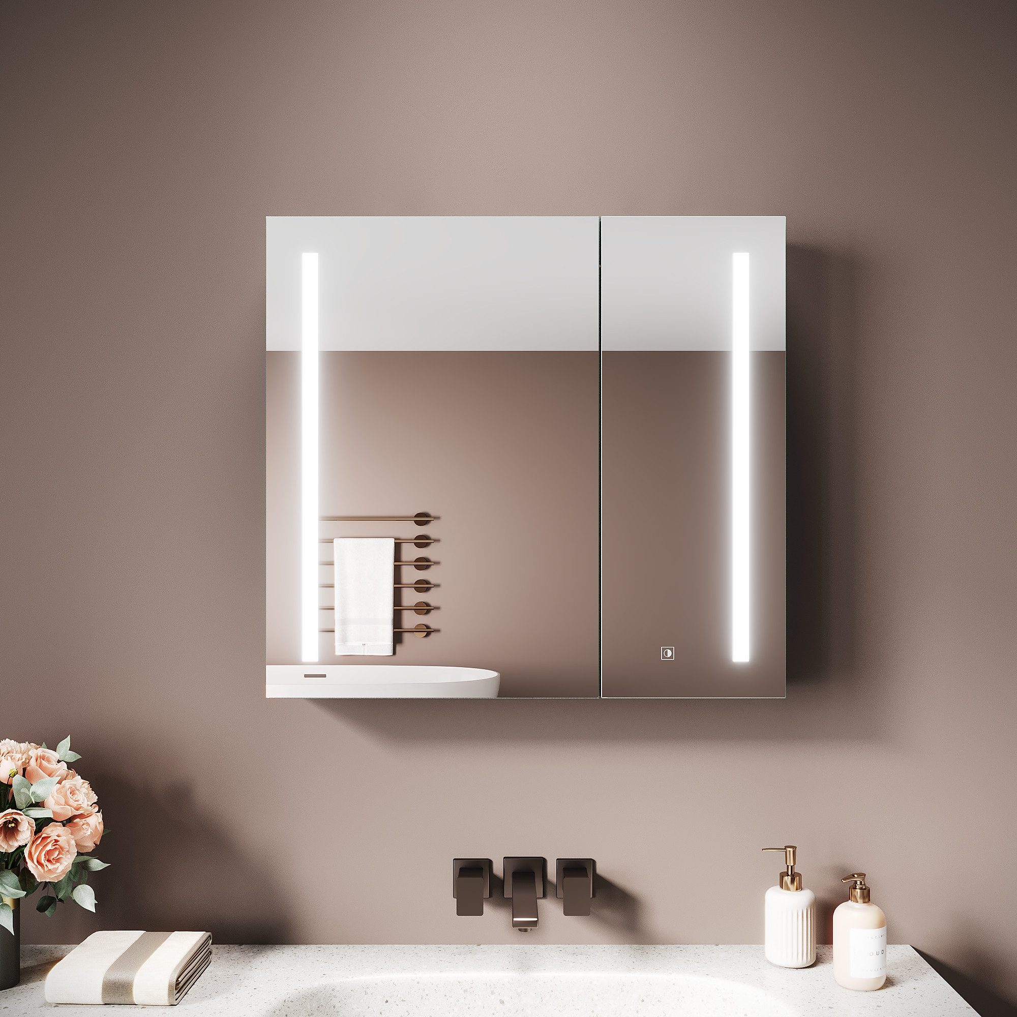 SONNI Spiegelschrank Spiegelschrank Badezimmerschrank 70×65cm Bestseller mit 3-farbiger dimmbarer Beleuchtung