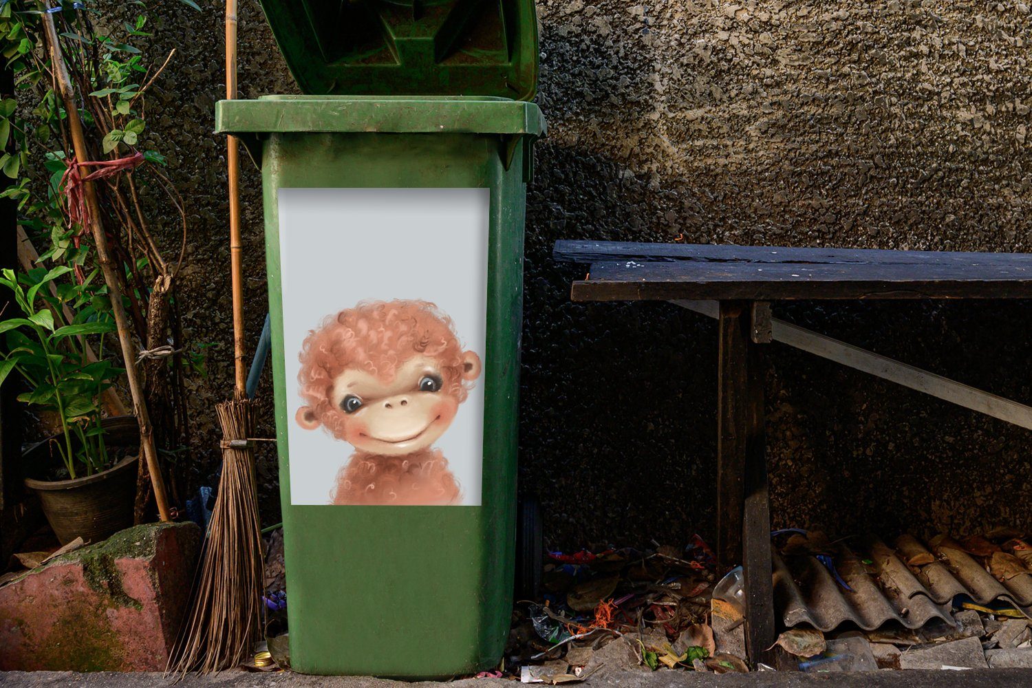 Abfalbehälter - - Wandsticker Sticker, Mülltonne, MuchoWow Container, Tier Kinder Affe Mülleimer-aufkleber, St), (1