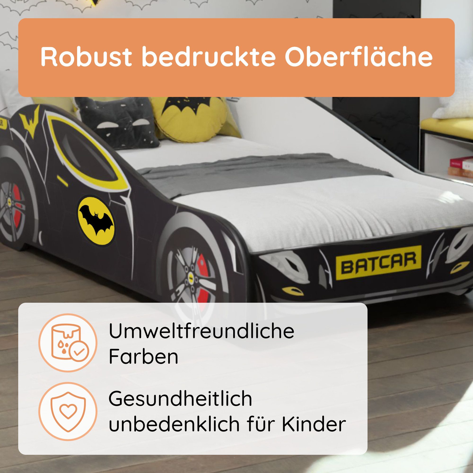 Kids Collective Car Bed 70x140 / 80x160 cm Children's Bed/Youth Bed with Fall Protection (Batman Batmobile Bat Car Play Bed, Batman Batmobile Bat Car Play Bed), Children's Bed 70x140 cm with Slatted Base - for children from 2 years old