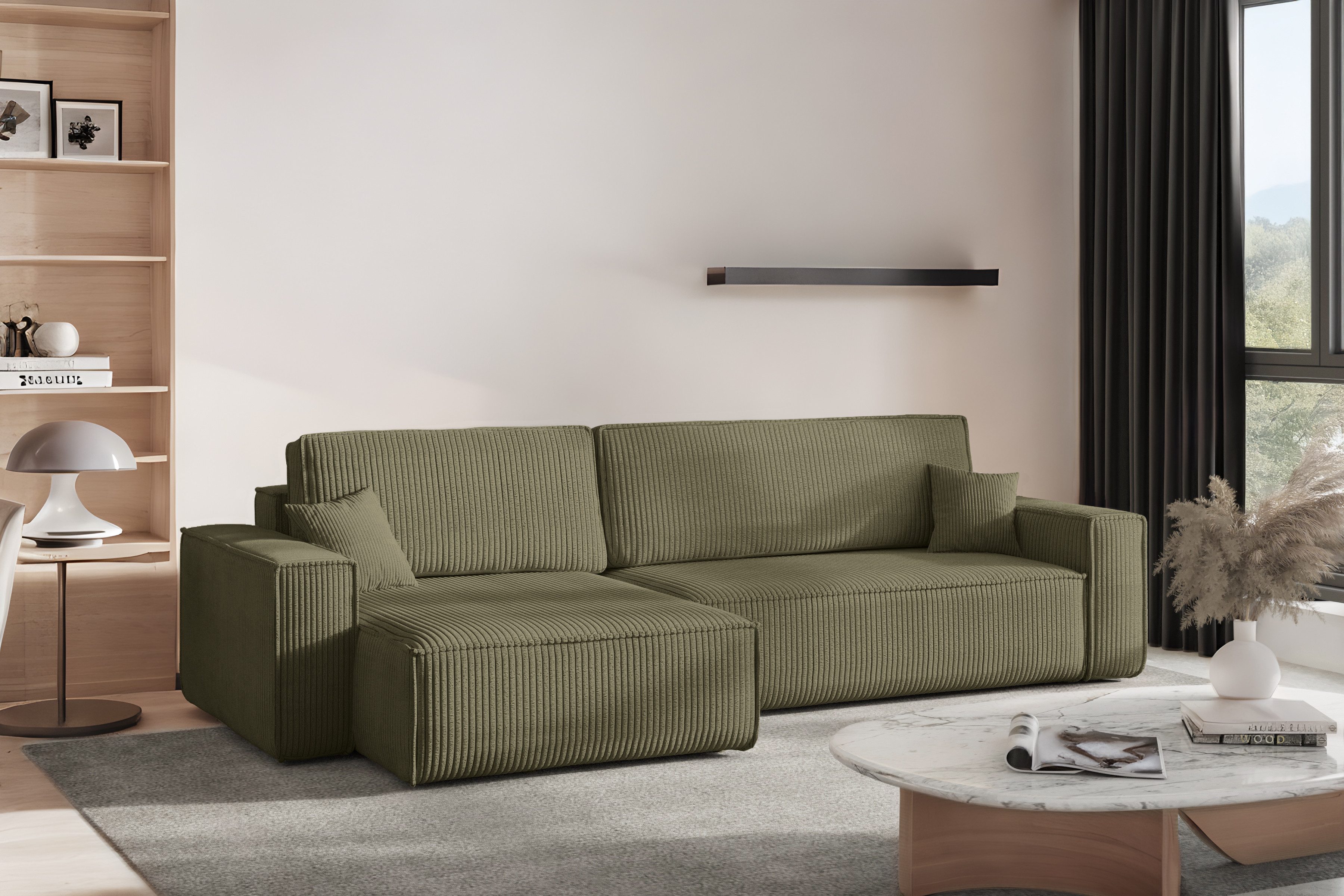 yourhouse24 Ecksofa Gepolstertes KARL XL L-Form, Cord&Bouclé-Stoff, mit Schlaffunktion und Bettkasten, Seite universal