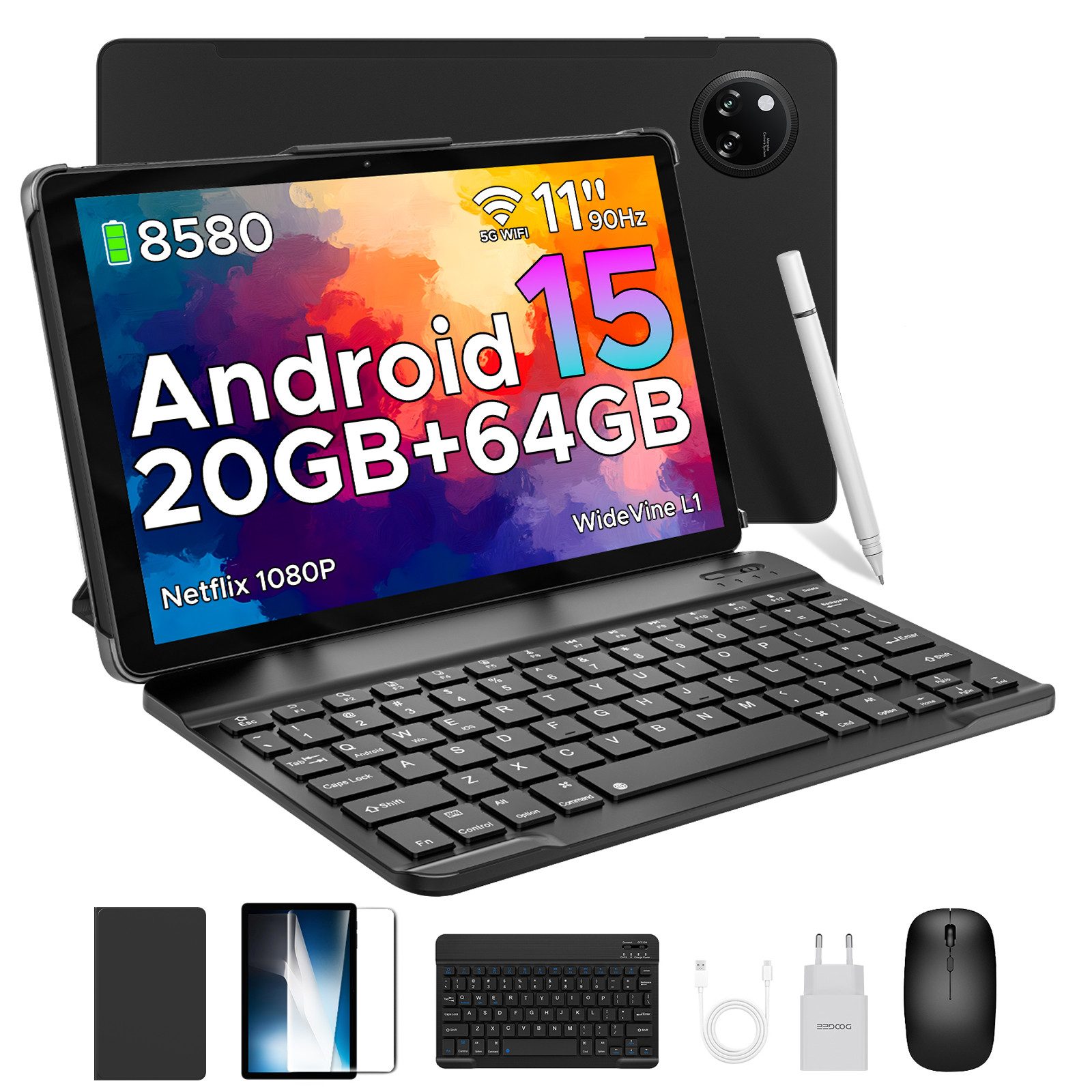 Android 15 Tablet mit Tastatur, Maus, Stift, Hülle, 11 Zoll Tablet