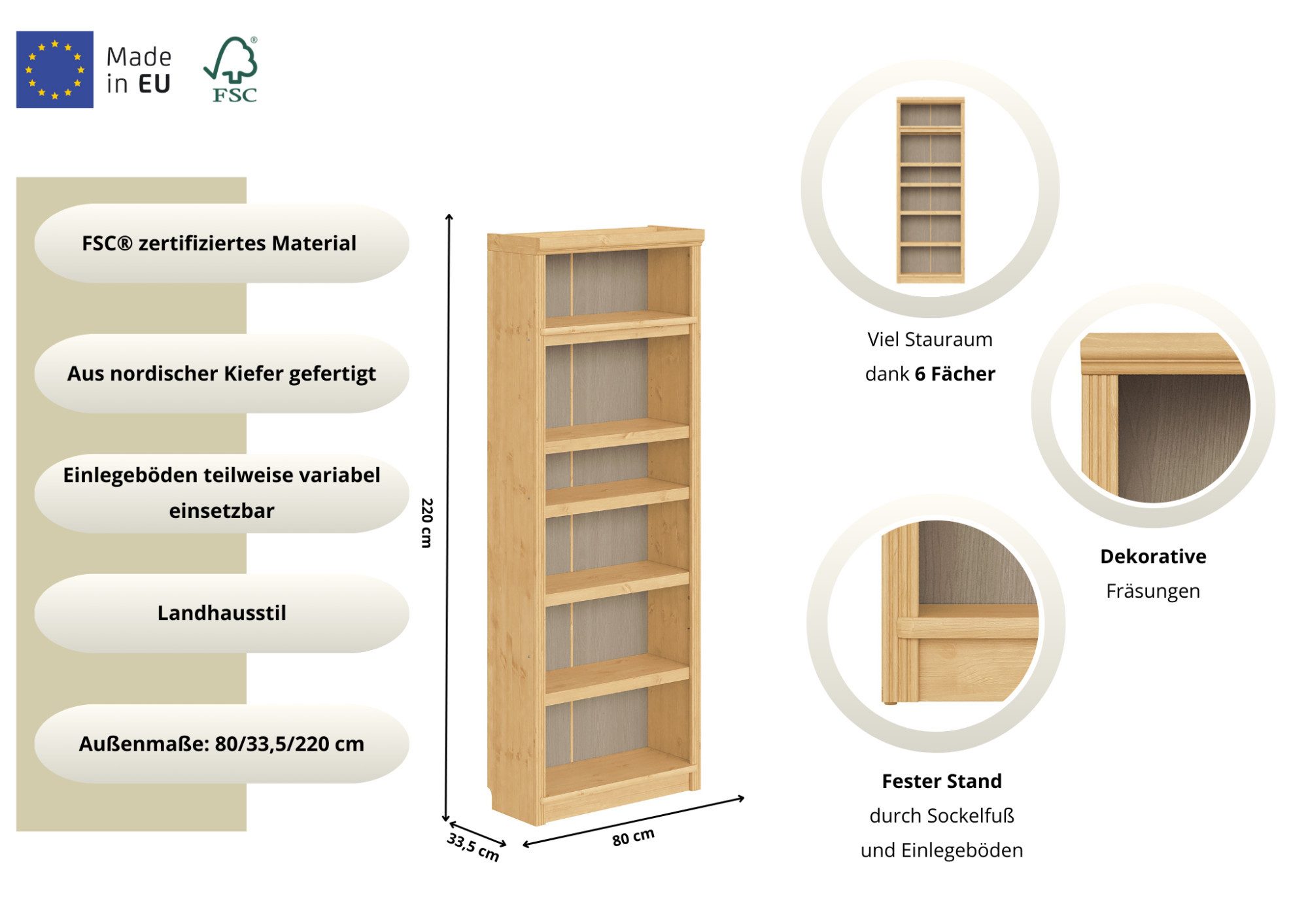 OTTO home Bücherregal Soeren Regal B/T/H: 80/33,5/220 cm, mit 6 Fächern, massive Kiefer, FSC®-zertifizier