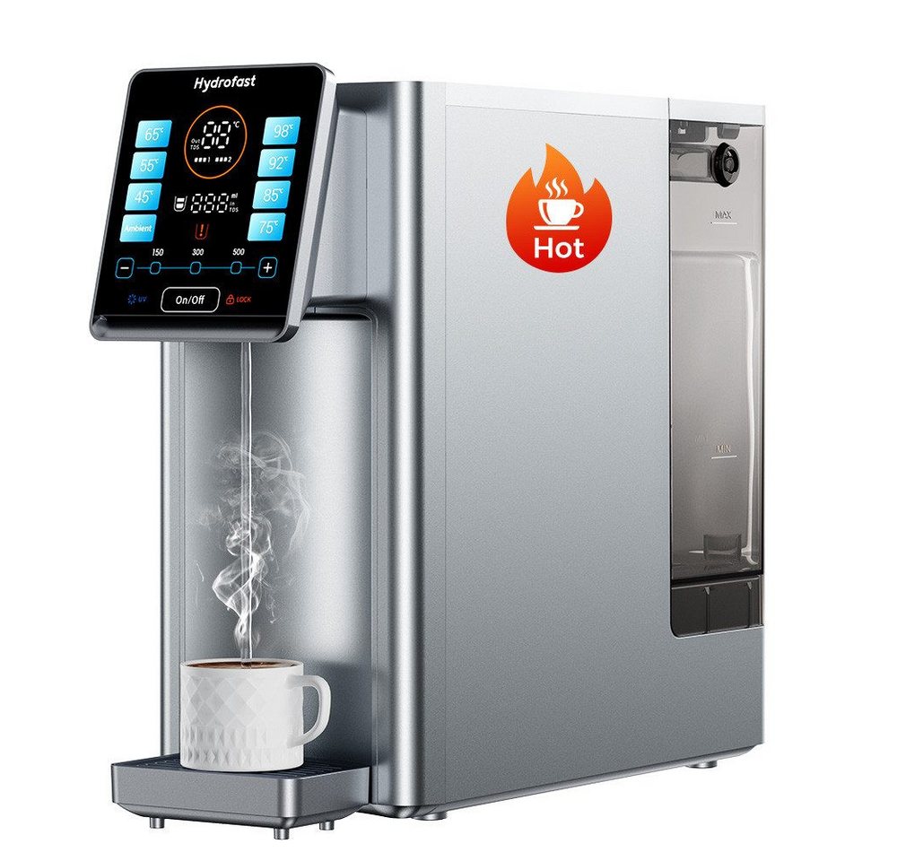 Hydrofast Wasserfilter W100 Tisch-Wasseraufbereiter mit Heiß- und Trinkwasser, Umkehrosmose, Zubehör für 92°C – Das Geheimnis für perfekten Kaffee., 8 Temperaturstufen, 6-stufige Filtration, UV-Sterilisation