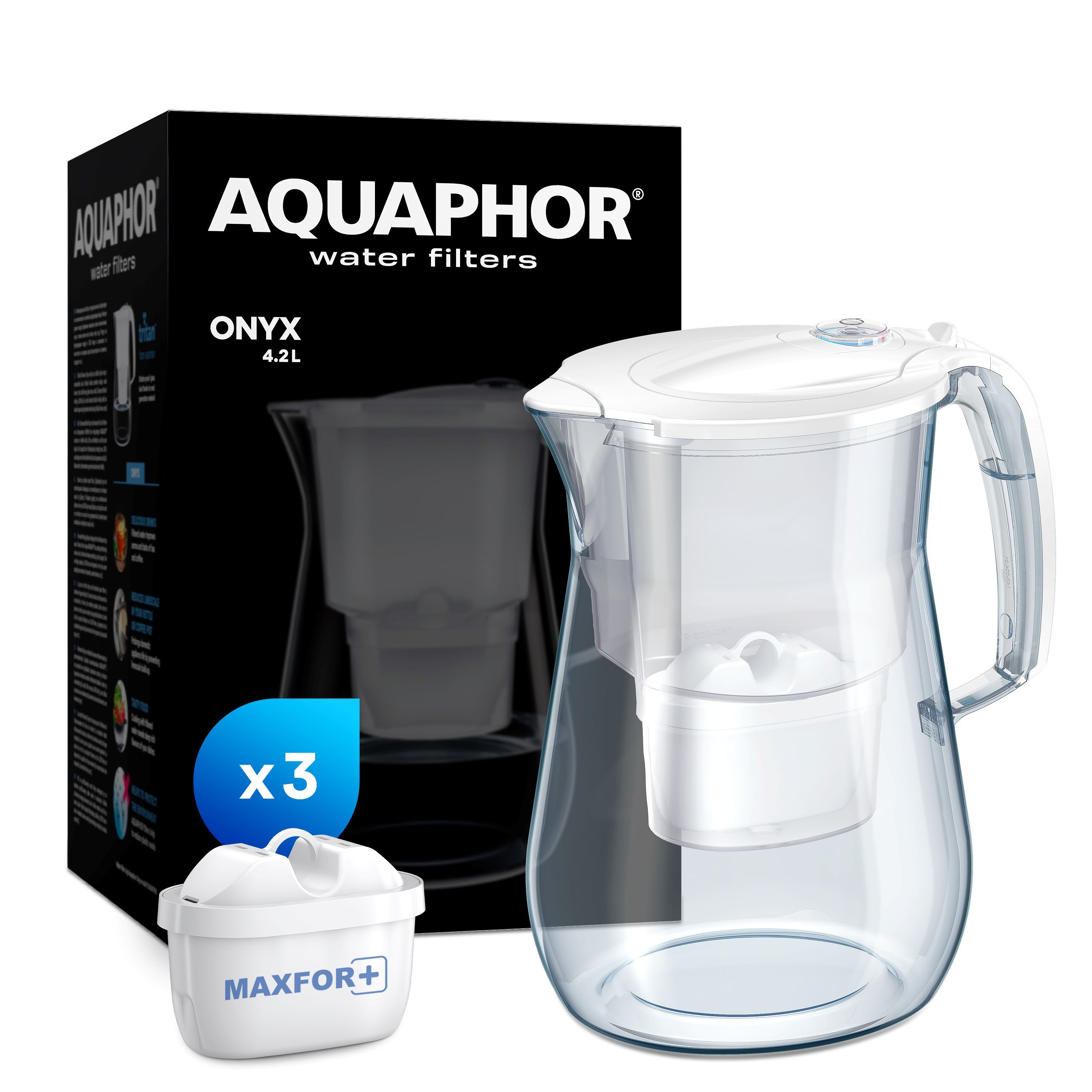 AQUAPHOR Wasserfilter Set ONYX weiß inkl. 3 Filterkartuschen MAXFOR+, Zubehör für Filterkartuschen MAXFOR+, MAXFOR+H hartes Wasser & MAXFOR+ Mg. Magnesium, Reduziert Kalk, Chlor & weiteren Stoffen. BPA frei