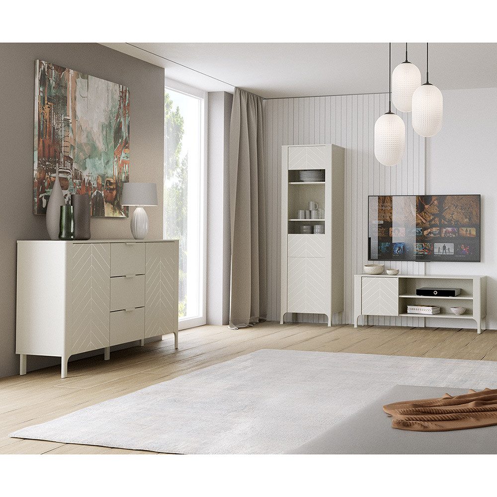 Lomadox Wohnzimmer-Set MAZARA-161, (Mega-Spar-Set, 3-St., Kommode Vitrine Lowboard), Wohnwand mit Fischgrät Dekor, Push-to-Open und Softclose-Funktion
