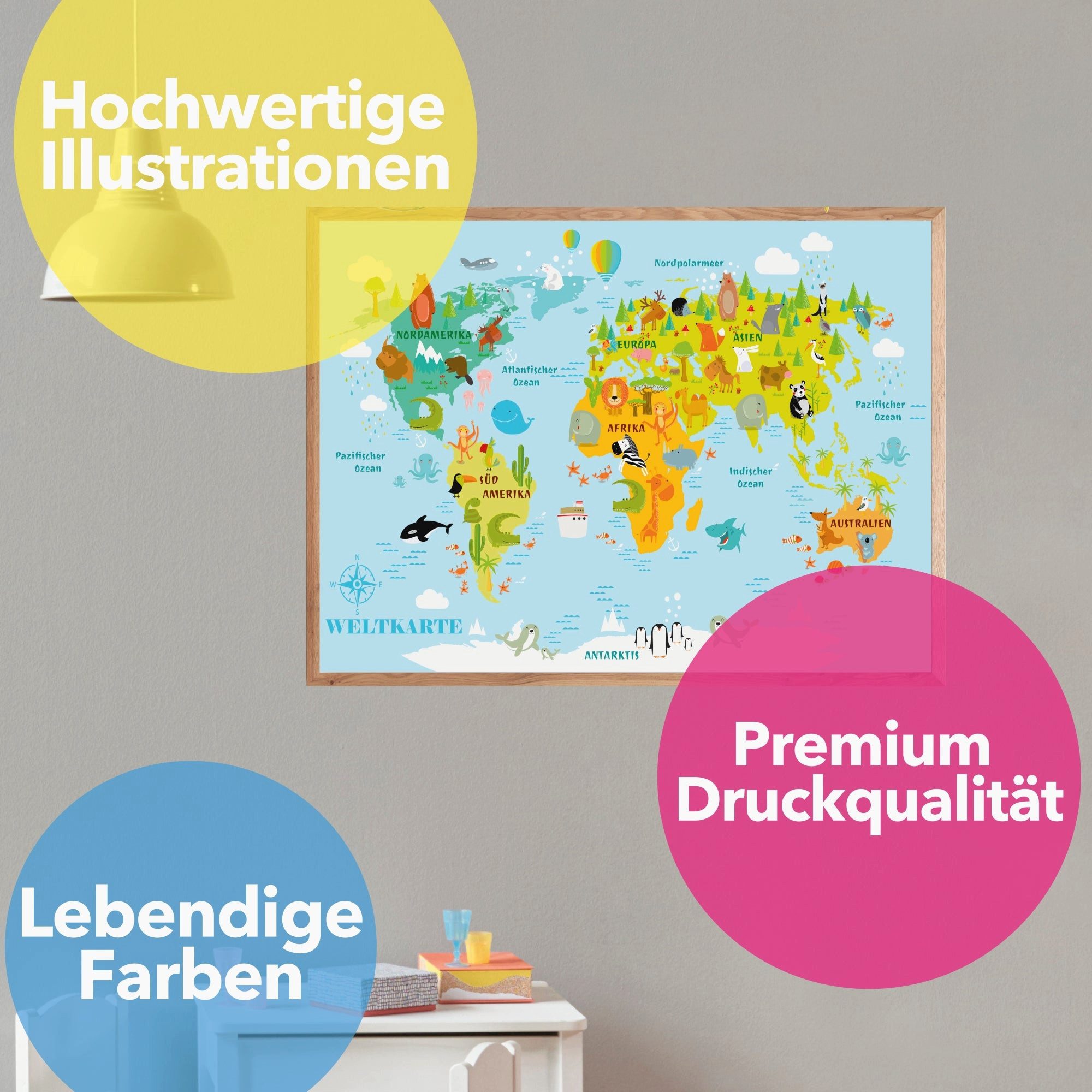 Lineo Poster Weltkarte für Kinder Lernbild 60x42 cm bunt, XXL Poster Kinderzimmer für Jungen & Mädchen mit Tieren & Kontinenten