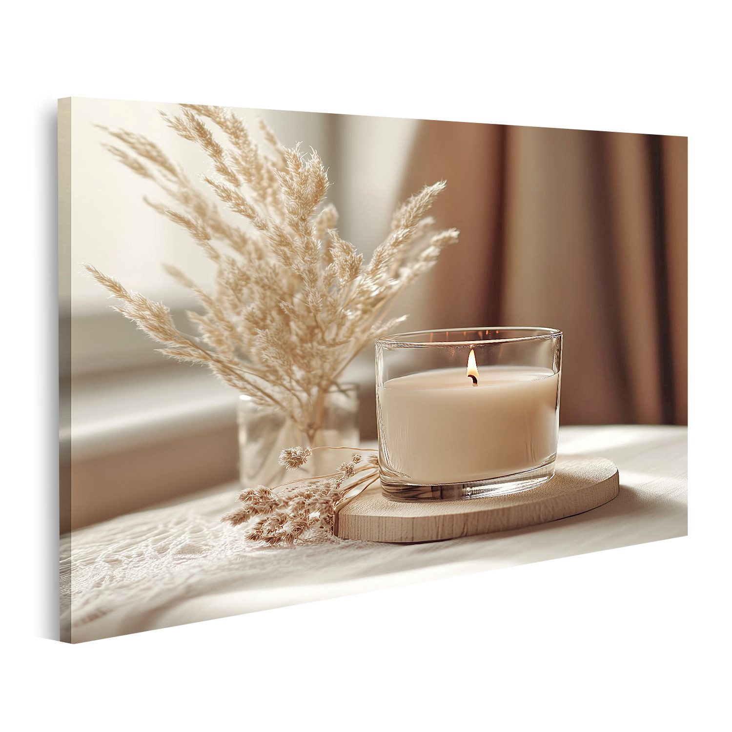 islandburner Leinwandbild, Gemütliche Kerze und Trockenblumen am Fenster