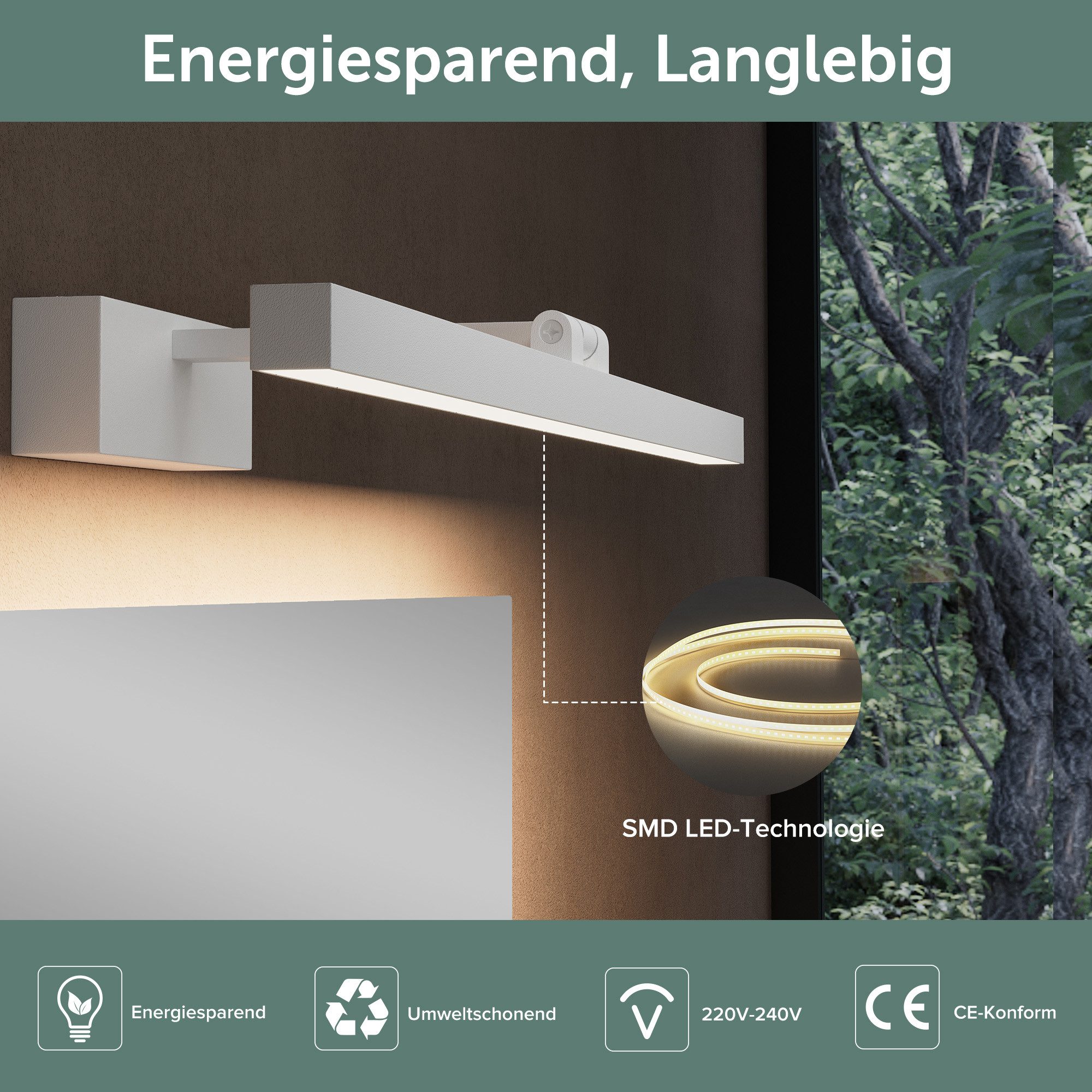 doporro LED Spiegelleuchte Wandleuchte LED-Spiegellampe 40/60cm 9W/14W RA≥80 Strahlenschön, 180° drehbar, E27-Sockel, wasserfest – Bild 3 von 5