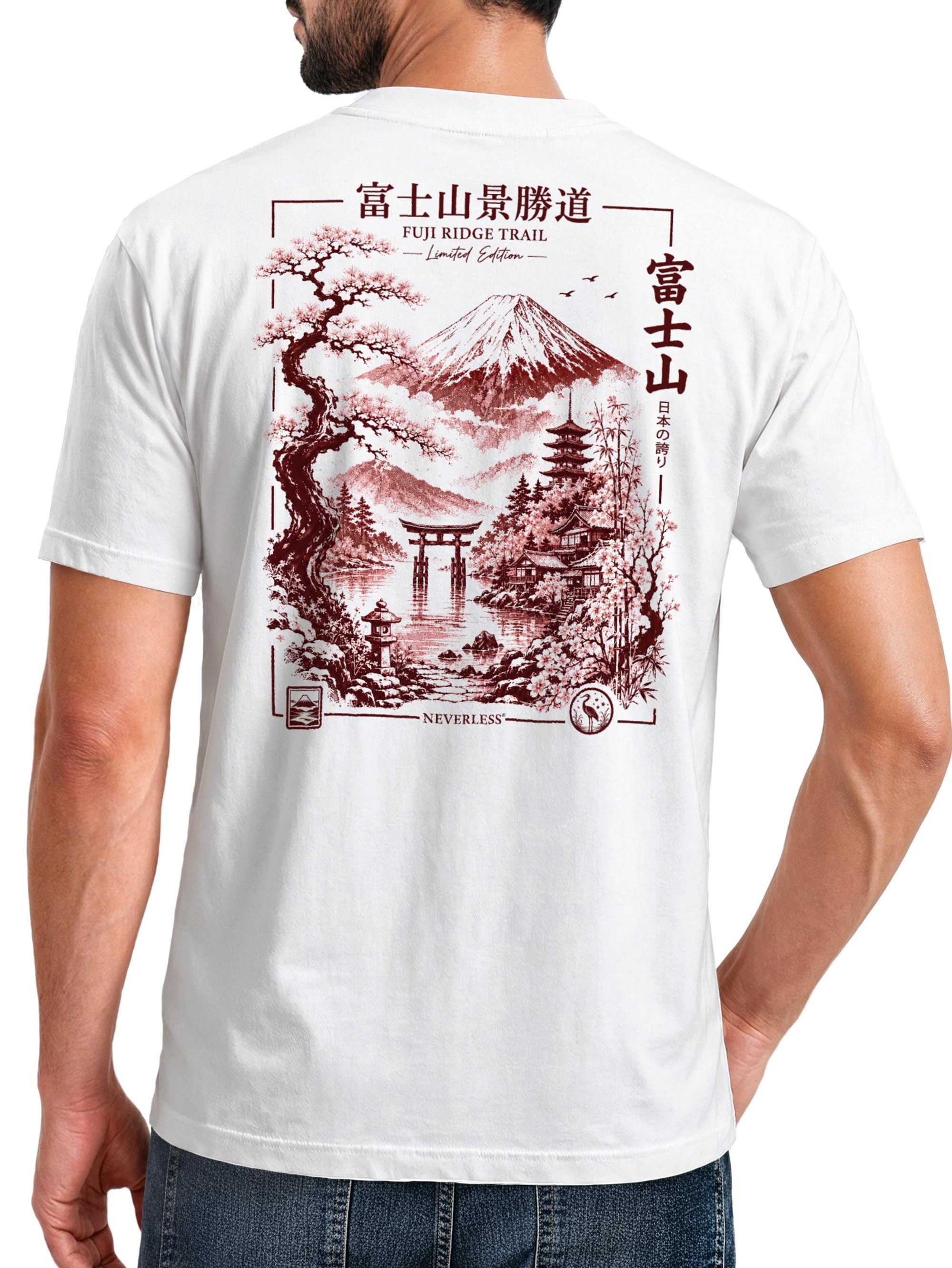 Neverless Print-Shirt Herren T-Shirt Backprint - Design Mount Fuji - Baumwollshirt Männer mit Print