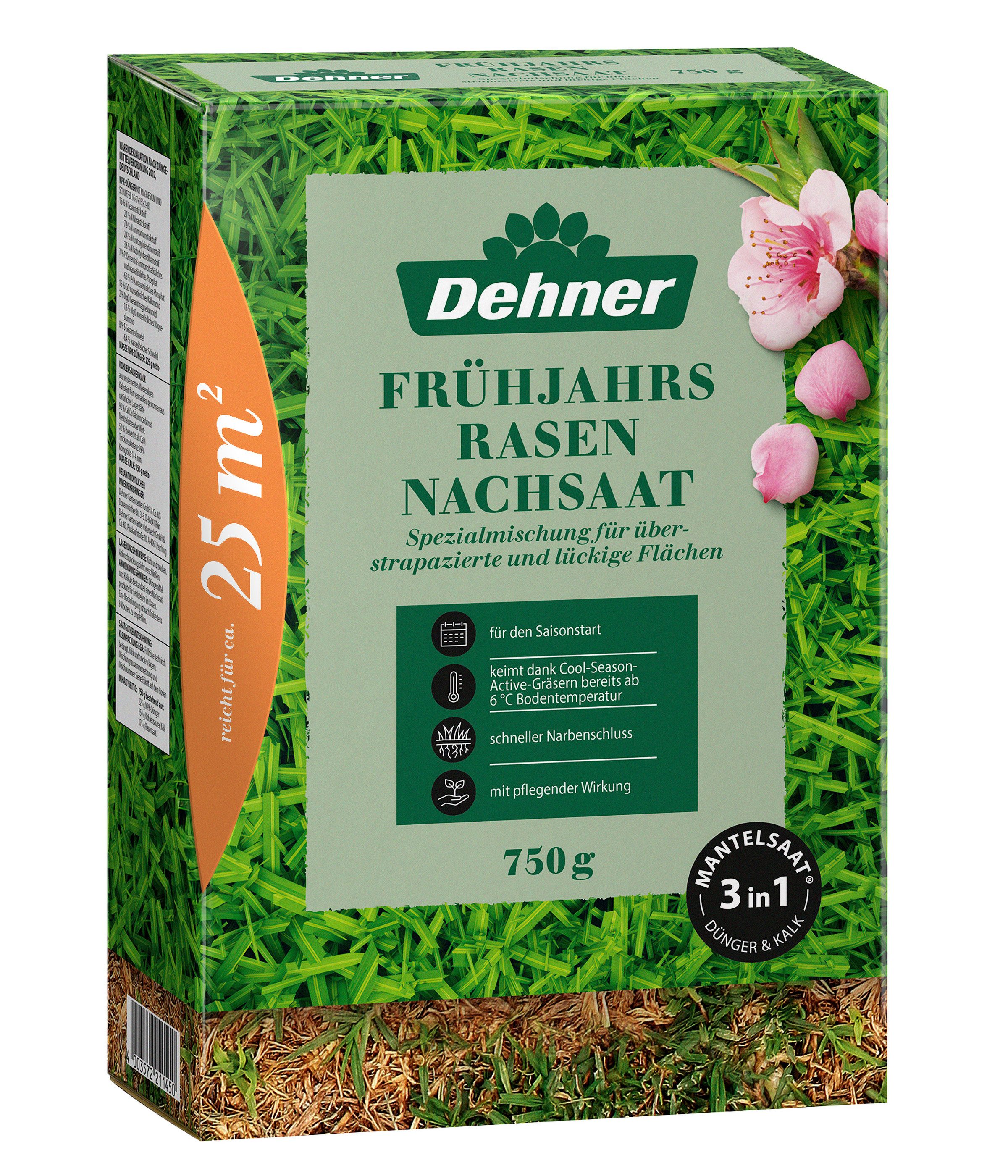 Dehner Rasensamen Frühjahrs-Nachsaat Saatgut, schnell keimend, regeneriert, 750 g, 25 m², Für Lückenschließung nach dem Winter, nährstoffreich, dichten Rasen