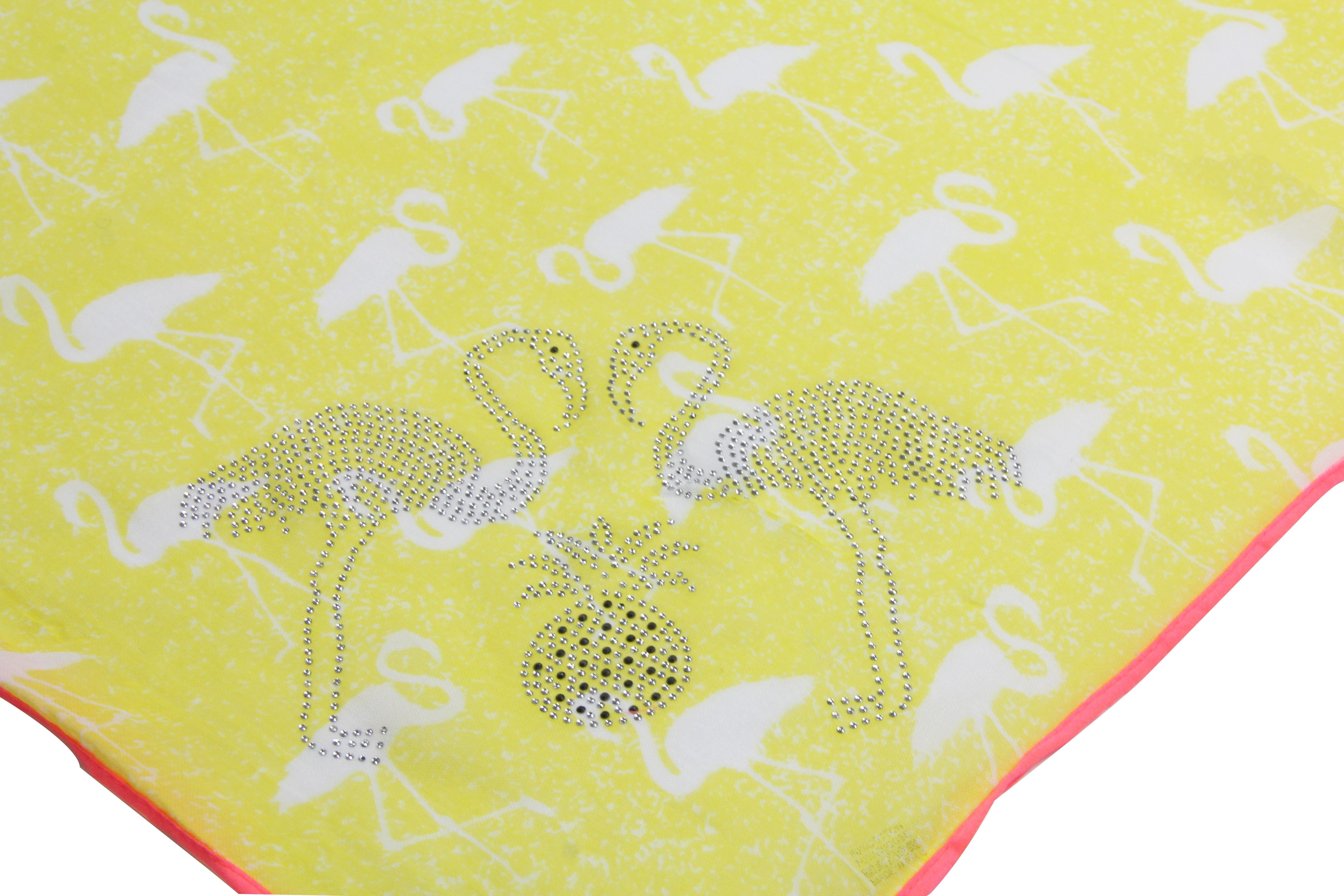 Flamingo und Melissa exotischem Steinchen Damen mit, Strass Palmen Gelb quadratisches Schal, Vanessa Pelikan Tuch Modetuch Leichter & Print