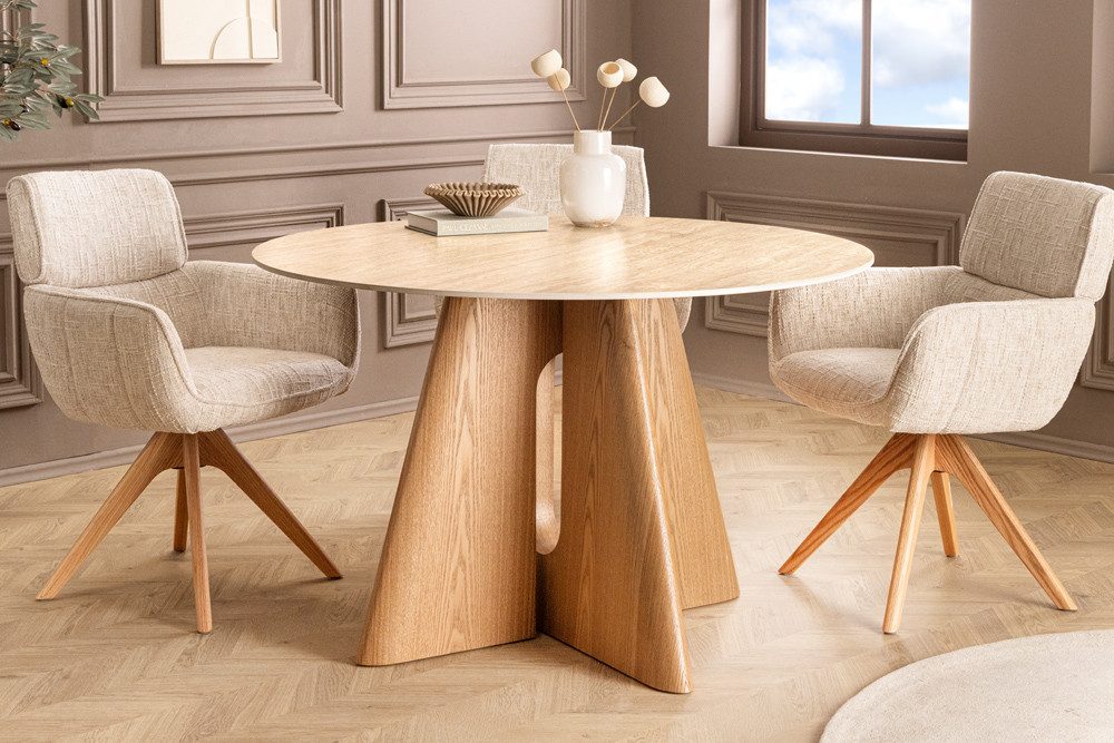 riess-ambiente Esstisch ORGANIKO 120cm natur - Eichenholz-Optik, Keramik, Travertin-Design (Einzelartikel, 1-St), stilvoller Küchentisch mit runder Tischplatte - ideal für 4 Personen