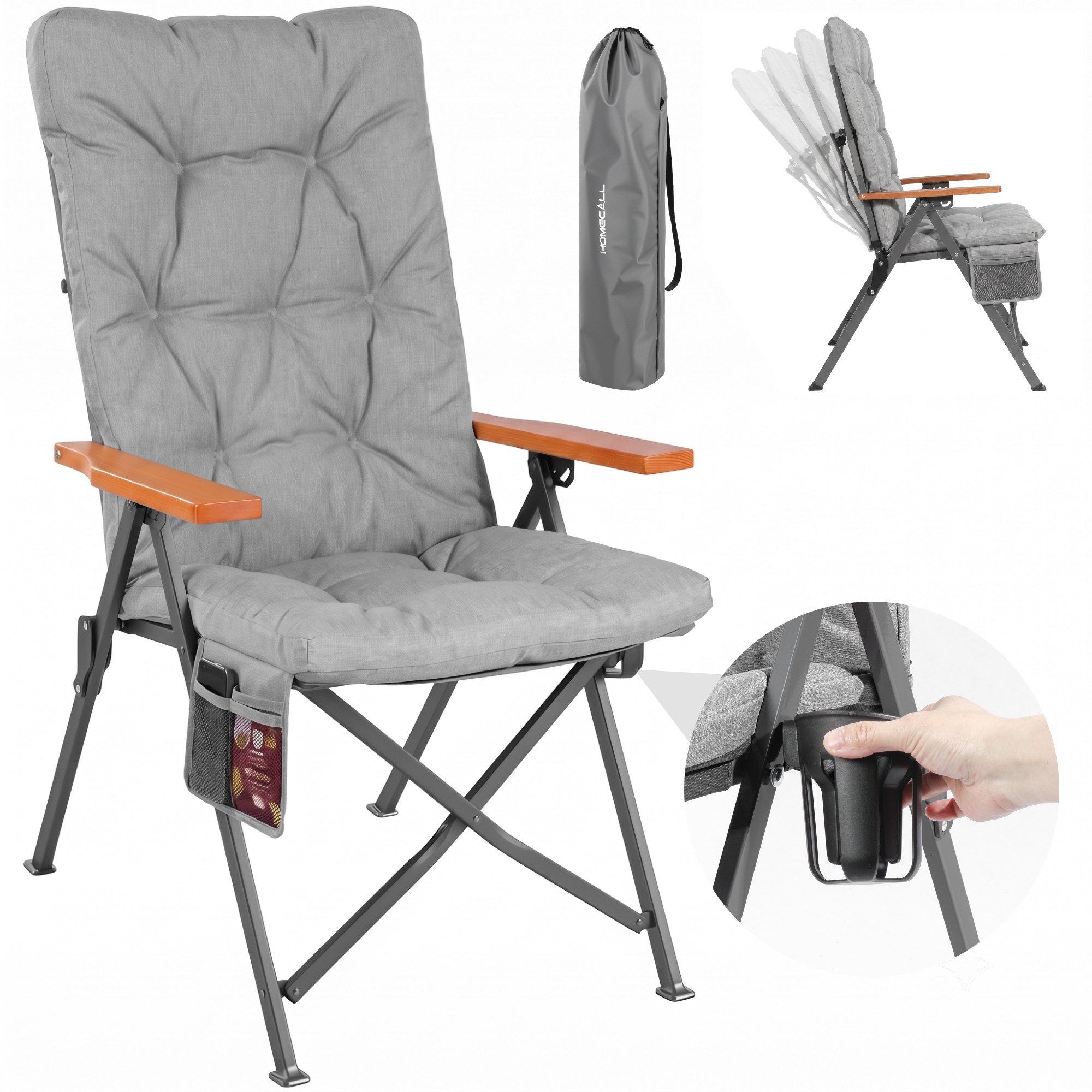 HOMECALL Campingstuhl Faltbar Hochlehner Luxus Klappstuhl mit 4,5cm Dicke Gepolstert (150kg Belastbar mit 4 Positionen Verstellbar Angelstuhl, 1 St), für Garten Balkon Wohnmobil