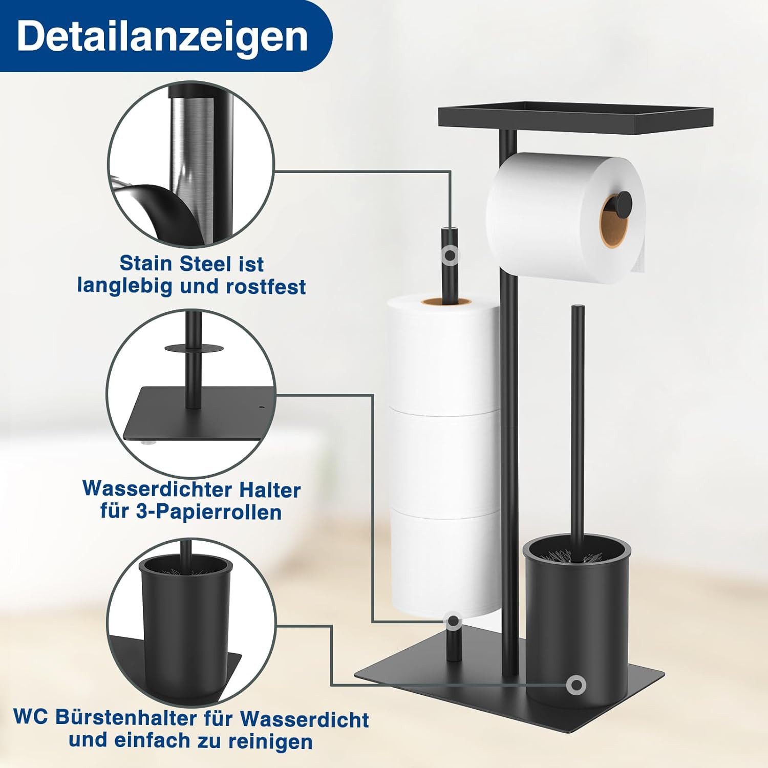 FELIXLEO Brausegarnitur Edelstahl WC Garnitur Stehend mit Klobürste Papierhalter Tablett