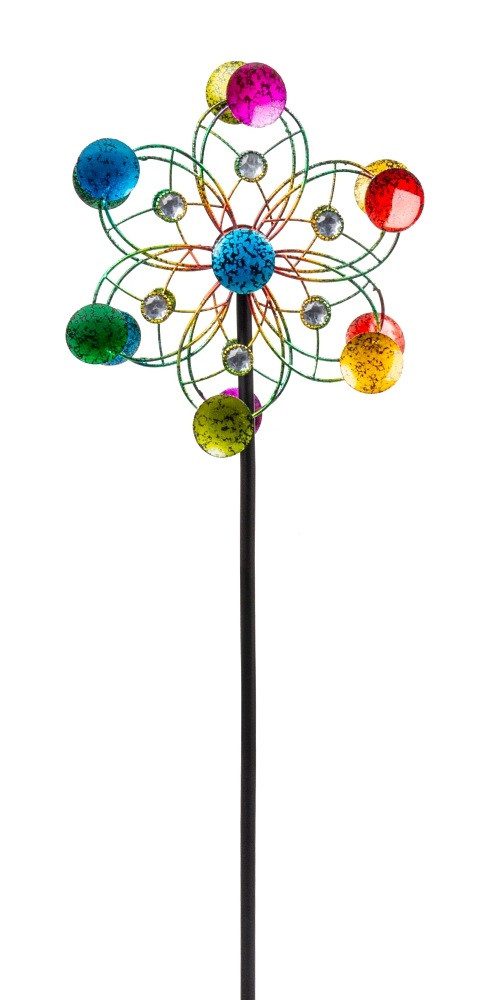 Geschenkestadl Deko-Windrad Windspiel Blume Gartenstecker Metall bunt Windrad Deko 91 cm (Set, 1 St), Windrad in Form einer verspielten Blume