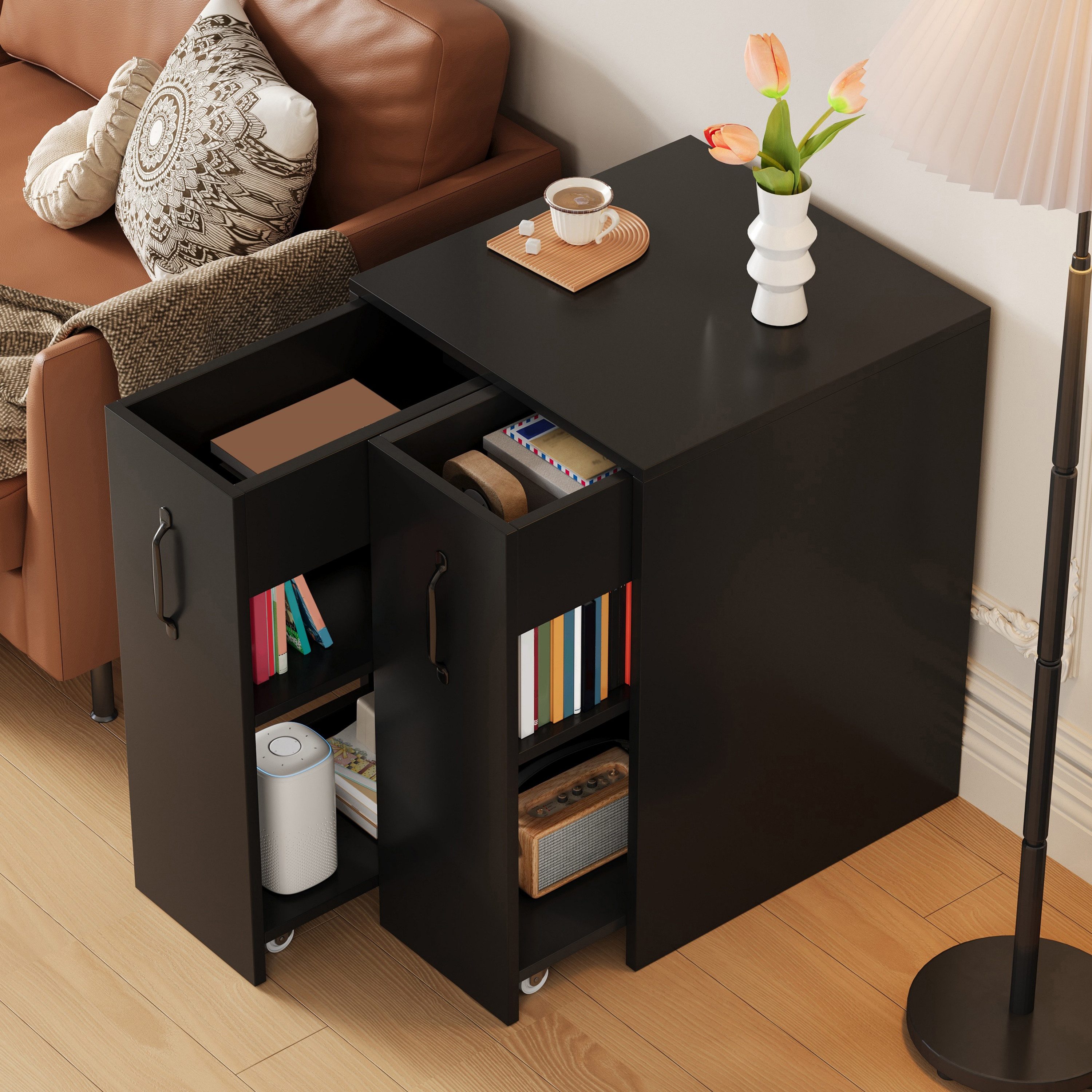 Flieks Bücherregal mit Rollen und 2 Schubladen Weiß/Schwarz, B52/T50/H75 cm 1-tlg., Mehrzweckschrank mit 6 Fächern Büroschrank Holzschrank Beistellschrank