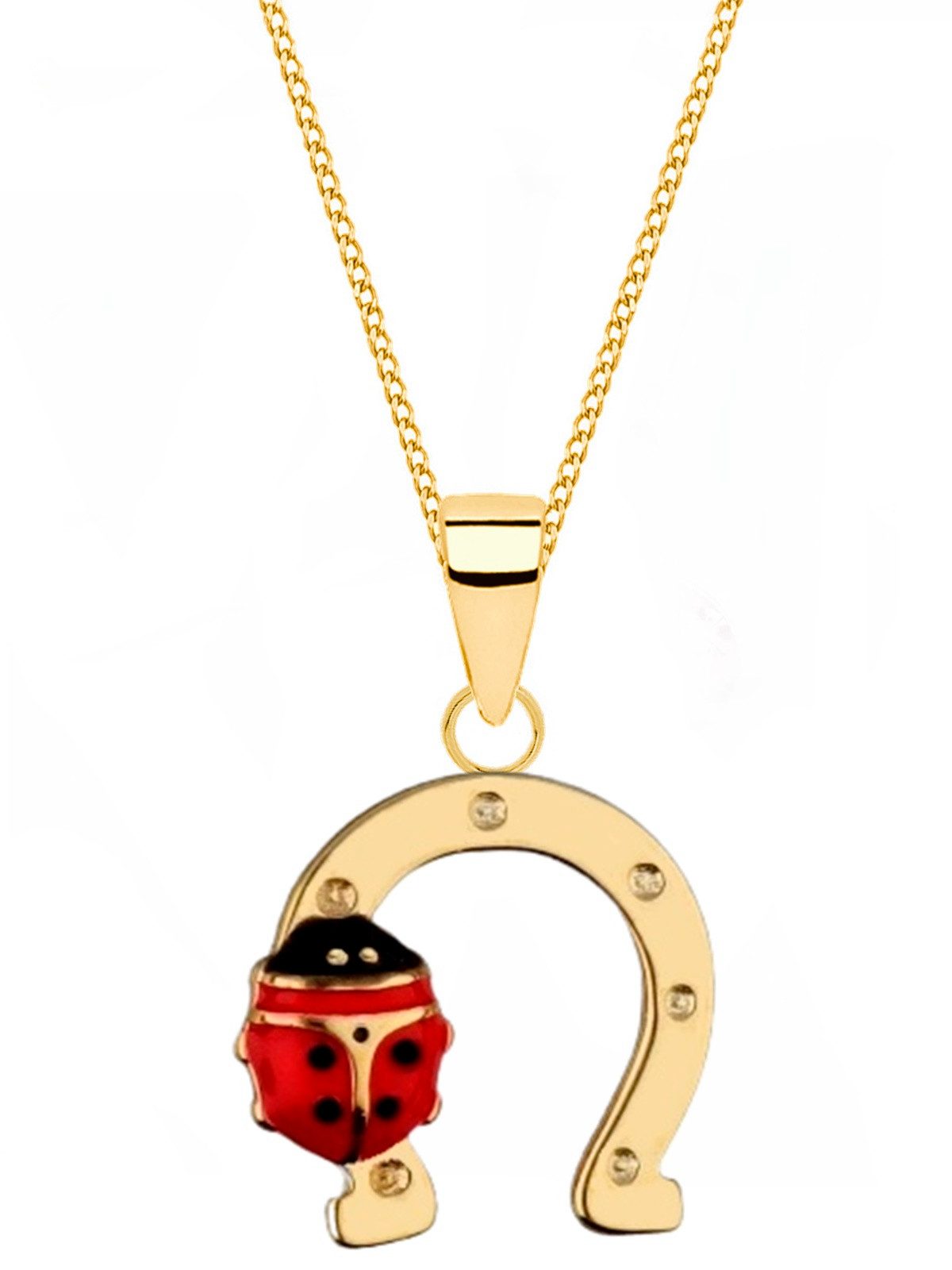 Goldene Hufeisen Kette mit Anhänger Hufeisen mit Marienkäfer Halskette in Gold – Mädchen Glücksbringer, 925 Sterling Silber (hypoallergen)