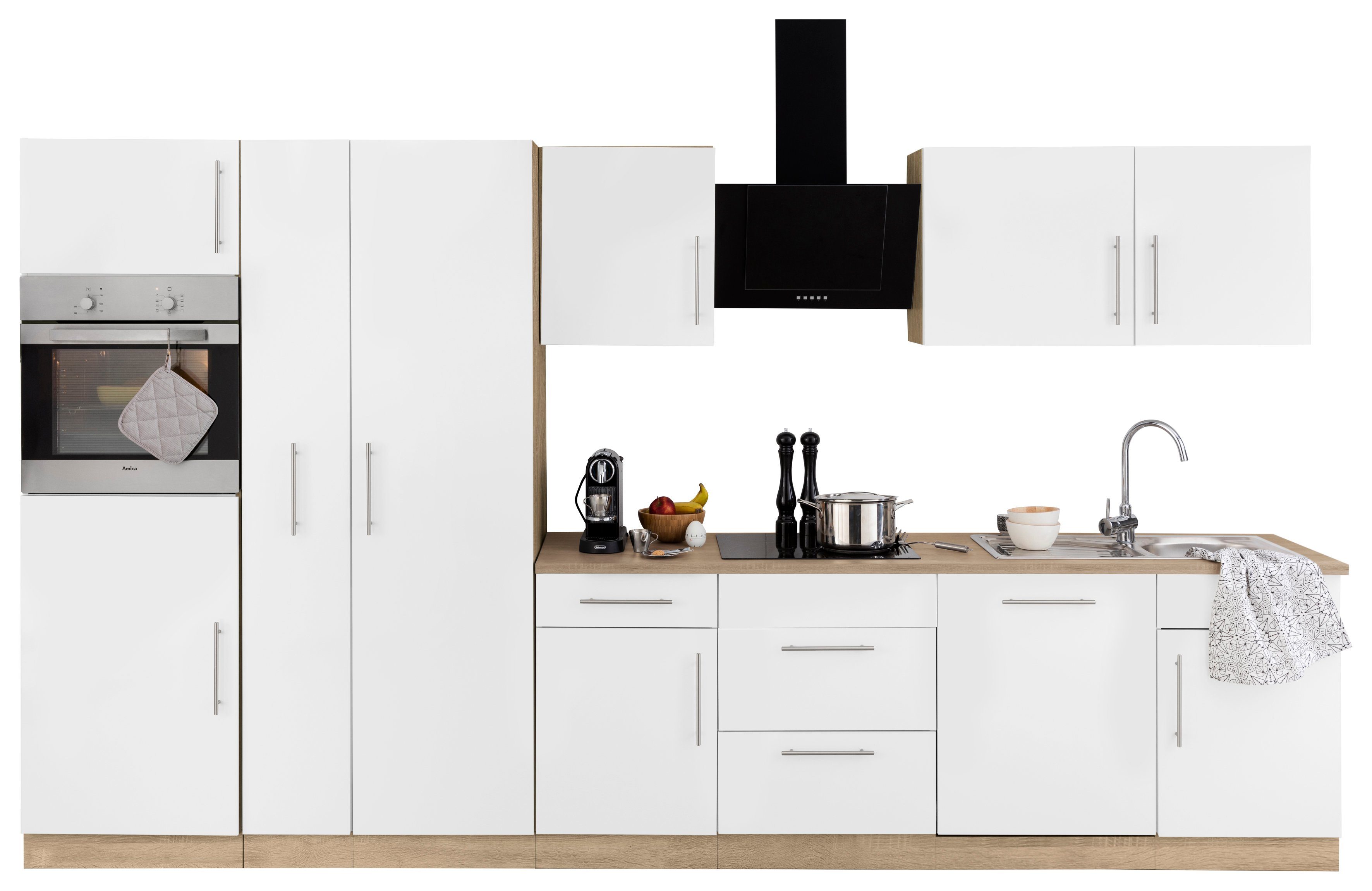 wiho Küchen Küchenzeile Cali, mit E-Geräten, Breite 360 cm mit Metallgriffen Front: Weiß matt, Korpus und Arbeitsplatte: Sonoma eichefarben | Eichefarben