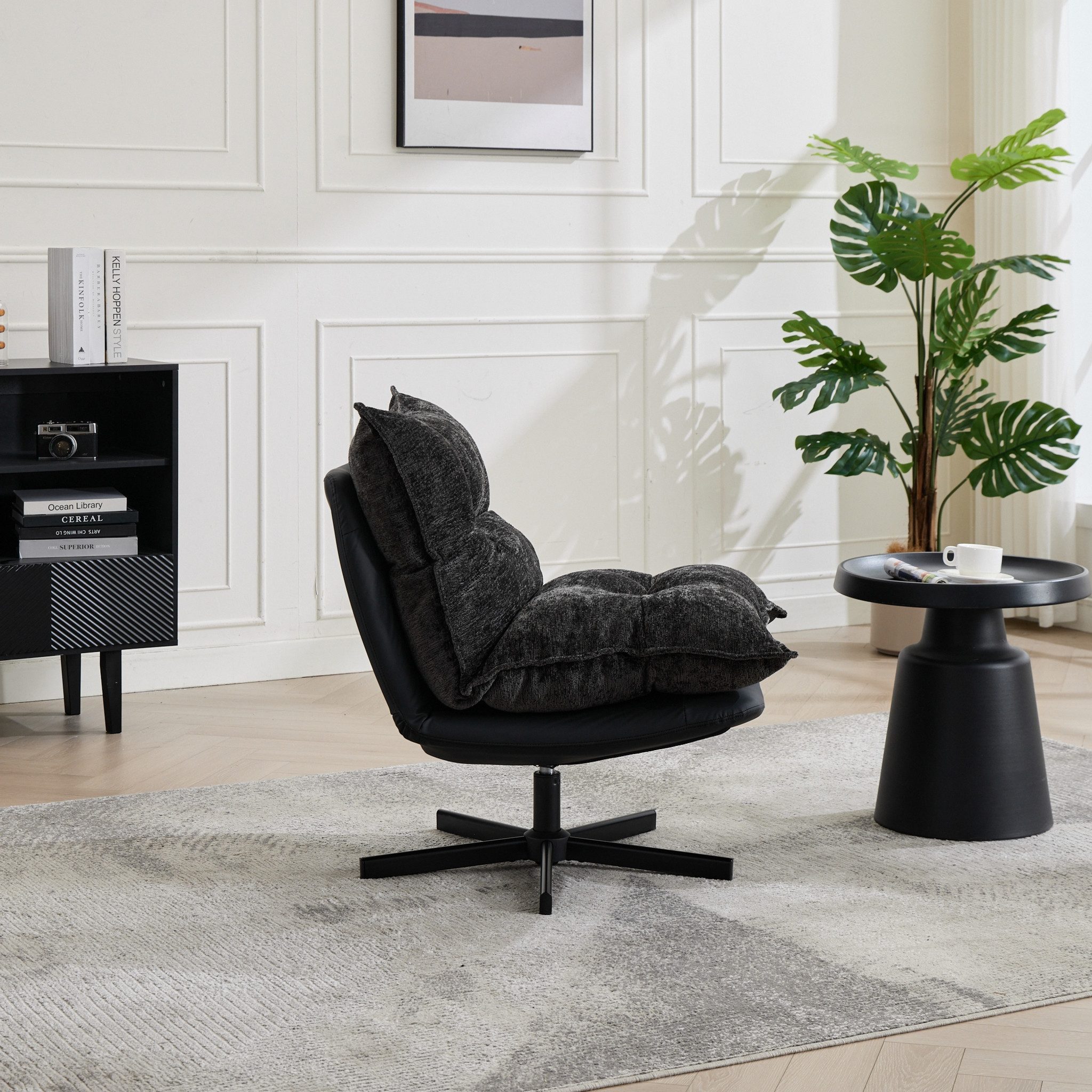 MC Star Relaxsessel Drehbarer Relaxsessel mit 3Fach verstellbarer Rückenlehne(95°110°125) (Schwarze Metallbeine, Cat-Scratch-Kunstleder, Chenille-Bezug & Memory-Foam-Füllung, 360°-Schwenkfunktion in dunkelgrau)