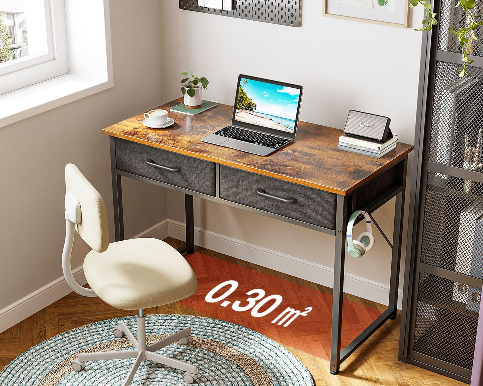 ODK Schreibtisch mit 2 Stoffschubladen und Kopfhörerhaken (1-St), Kompakter PC-Tisch für Home Office, 100×40×78,7 cm – Bild 5 von 5
