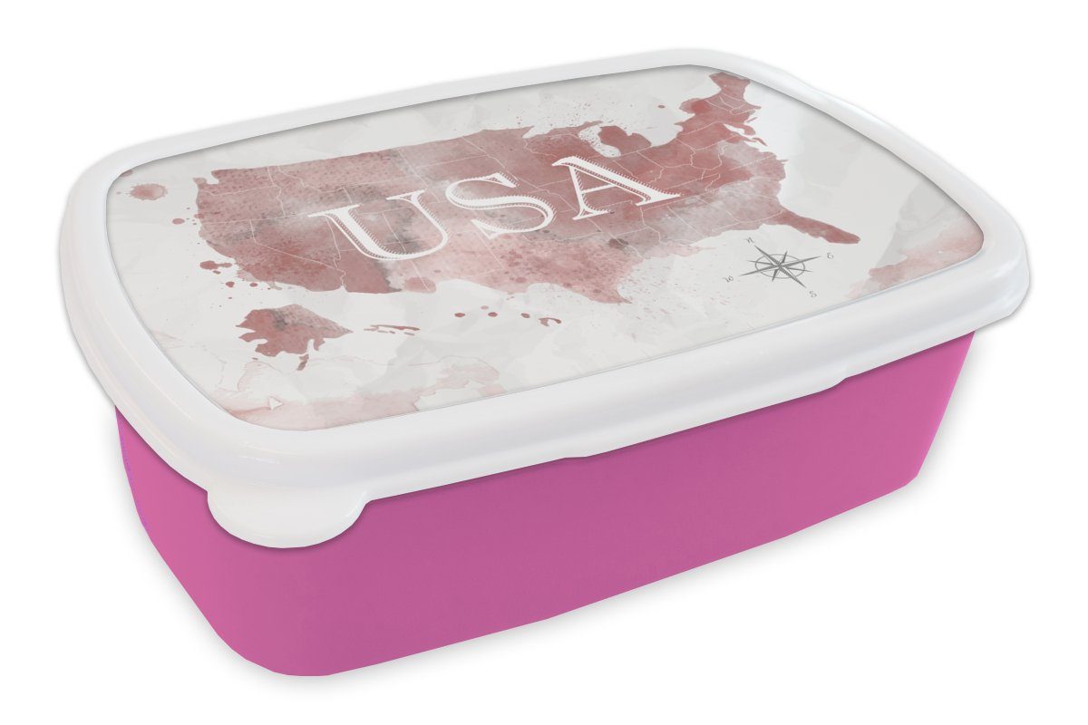 Amerika Lunchbox Brotdose Aquarell, Mädchen, Kinder, - Karte Brotbox Kunststoff, MuchoWow (2-tlg), Snackbox, rosa für Erwachsene, Kunststoff -