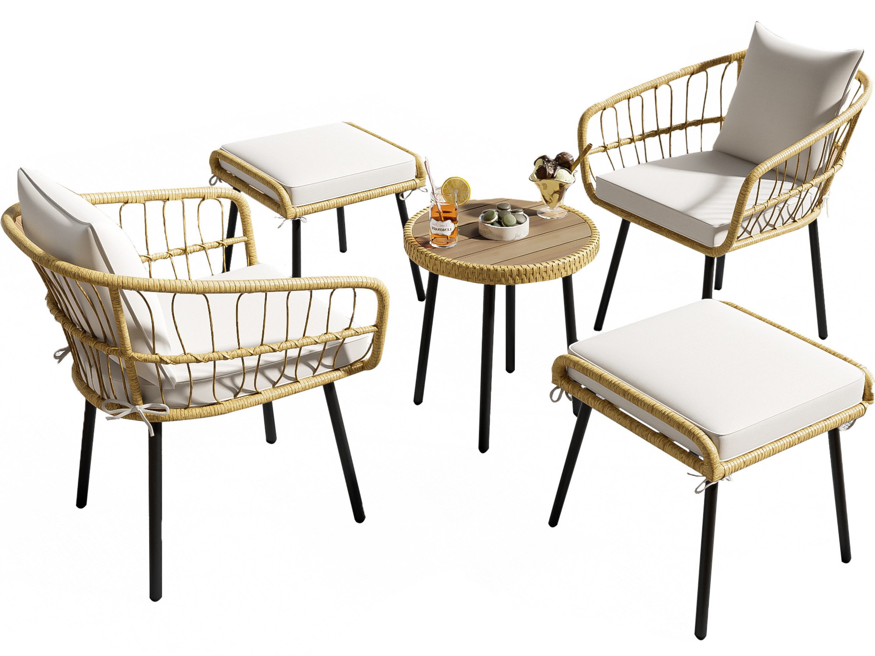 SeedWave Gartenlounge-Set 5-Teiliger Sommer Balkonset Outdoor Sitzgruppe mit Rattan-Optik, Inkl. Einzelsitzer-Sessel×2, Hocker×2, Runder Tisch×1