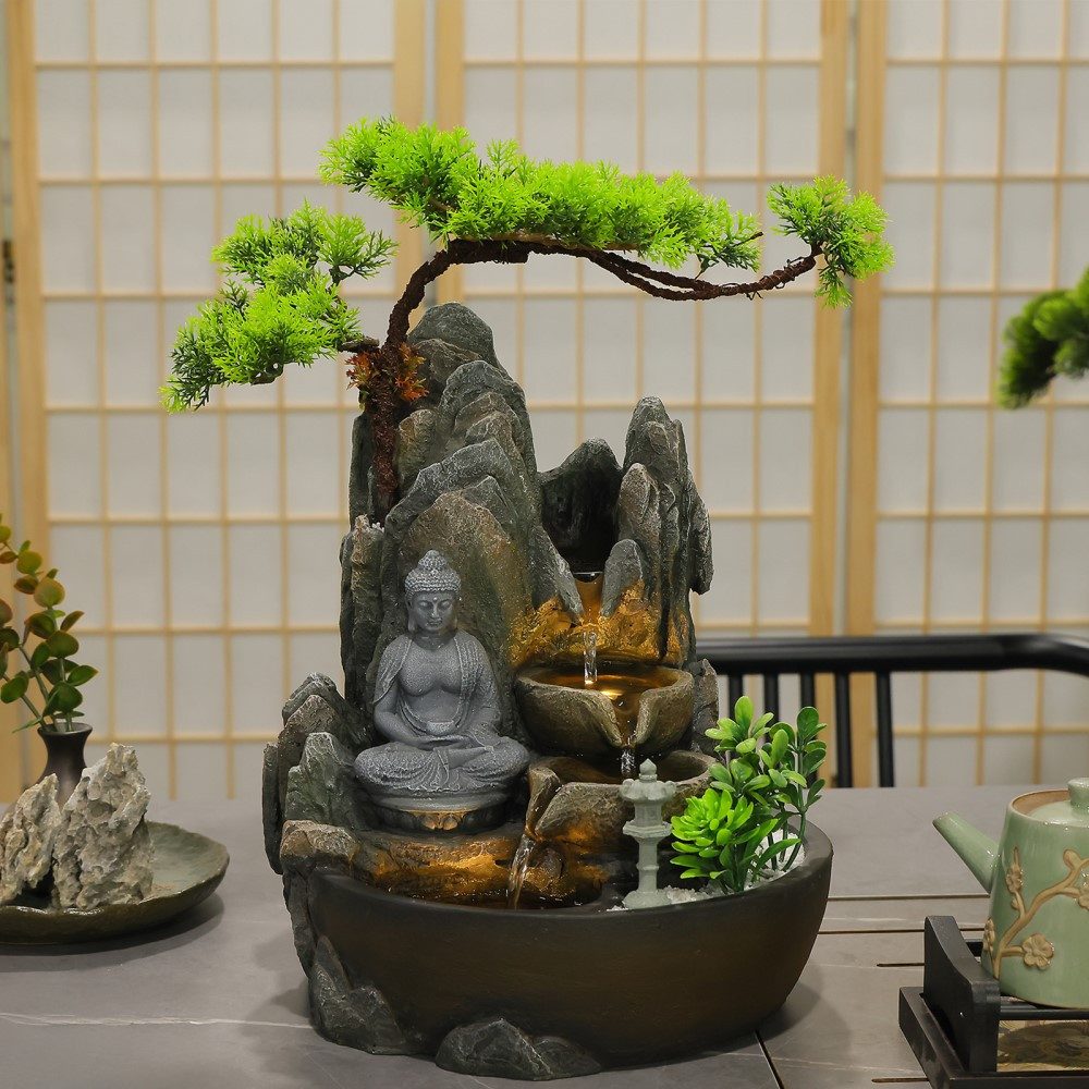 Wacredo Gartenbrunnen Premium Zimmerbrunnen Komplettset Buddha, Wasserbecken BxT: 25x26 cm, Gesamtmaß: 26 x 25 x 32cm (L x B x H) – Bild 5 von 5