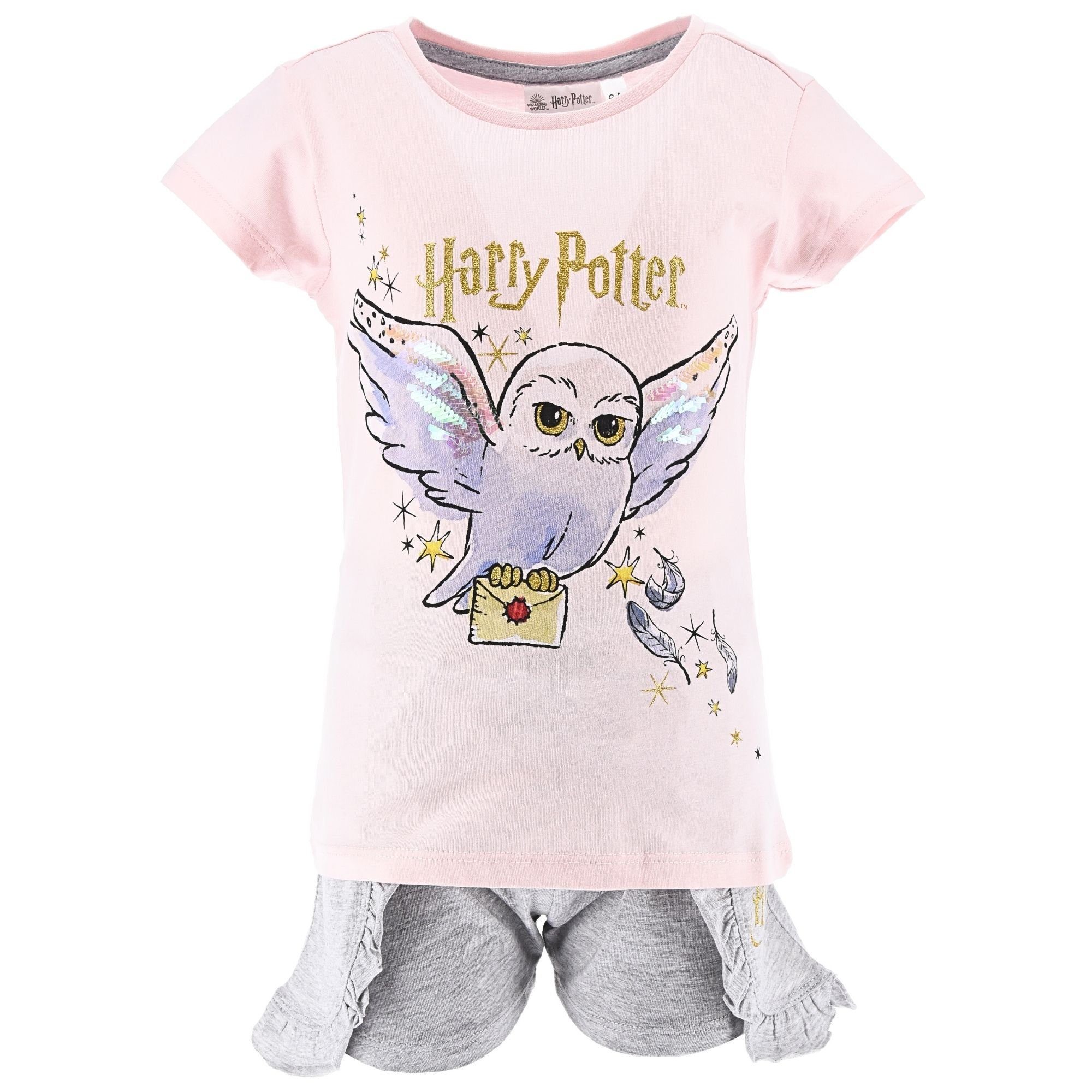 Pyjama Mädchen Rosa-Grau Set (2 98-128 Potter kurz Hedwig cm Schlafanzug tlg) Harry Gr.