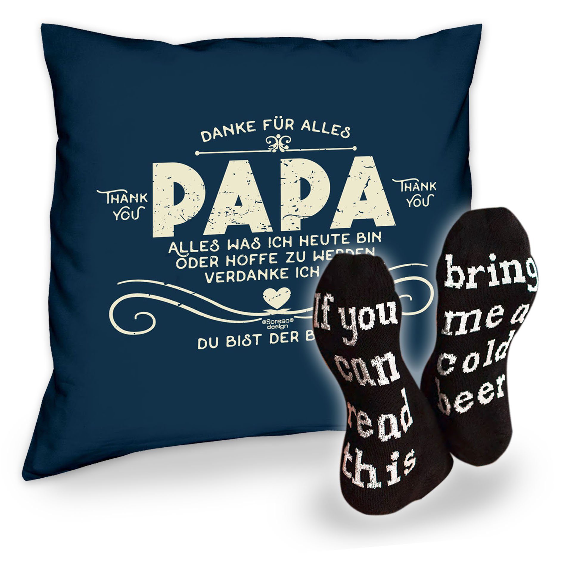 Soreso® Dekokissen Kissen Danke Papa und Socken mit Bier Spruch, Geschenkidee Weihnachtsgeschenk navy-blau