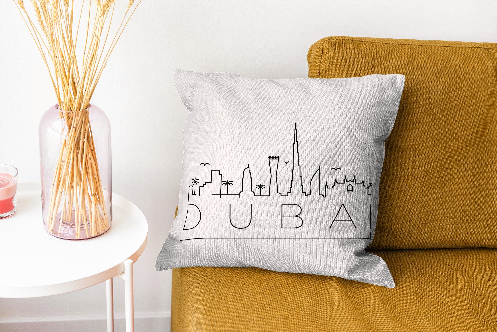 Sofakissen auf für Dekokissen Skyline Wohzimmer, "Dubai" Füllung mit weiß, MuchoWow schwarz Schlafzimmer, Deko, Zierkissen