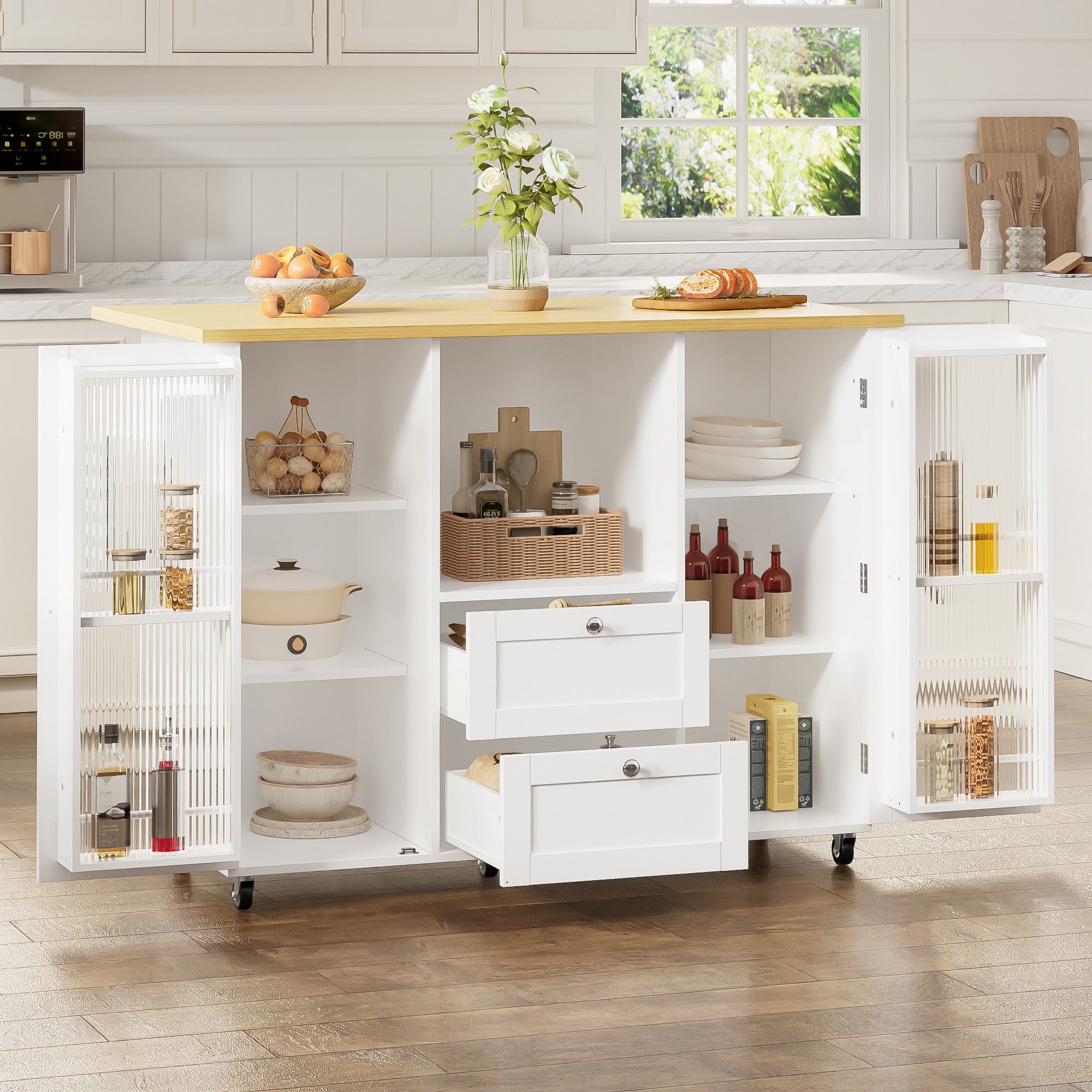 HAUSS SPOLE Kücheninsel mit 2 Schubladen,Küchenschrank Servierwagen mit Rollen & Gewürzregal, (Küchentisch Bartisch mit klappbarer Arbeitsplatte und 360° feststellbaren Rollen), 120×45(70)×92 cm Klappbare Arbeitsplatte