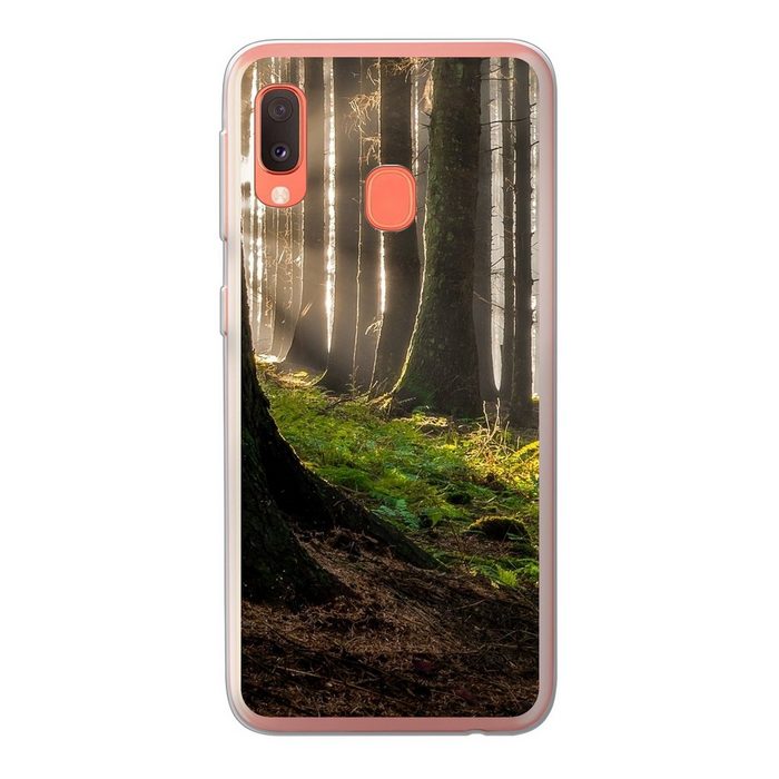 MuchoWow Handyhülle Sonne - Äste - Bäume - Wald - Natur Handyhülle Samsung Galaxy A20e Smartphone-Bumper Print Handy
