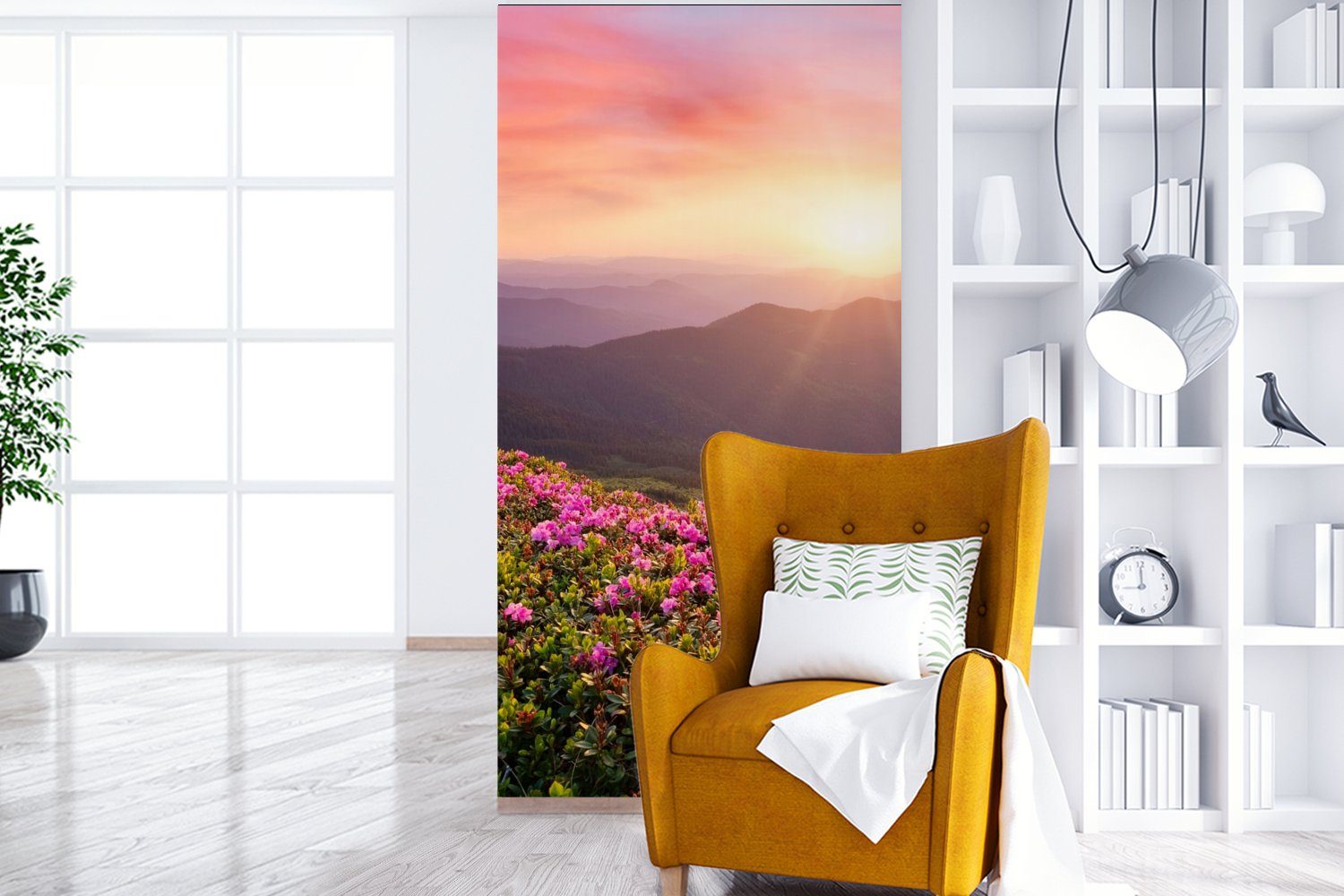 MuchoWow Fototapete Blumen (2 - Berg Landschaft, Küche, Schlafzimmer Fototapete Vliestapete - - St), Wohnzimmer Matt, für Sonnenuntergang bedruckt