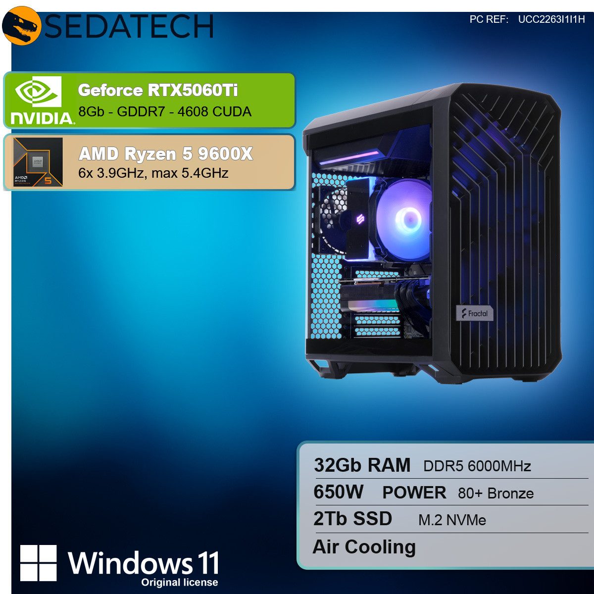 Sedatech UCC2263I1I1HF - Workstation Business-PC (AMD Ryzen 5 9600X 6x 3.9GHz (max 5.4GHz), Geforce RTX5060Ti 8GB, 32 GB RAM, 2000 GB SSD, Wlan 6E)