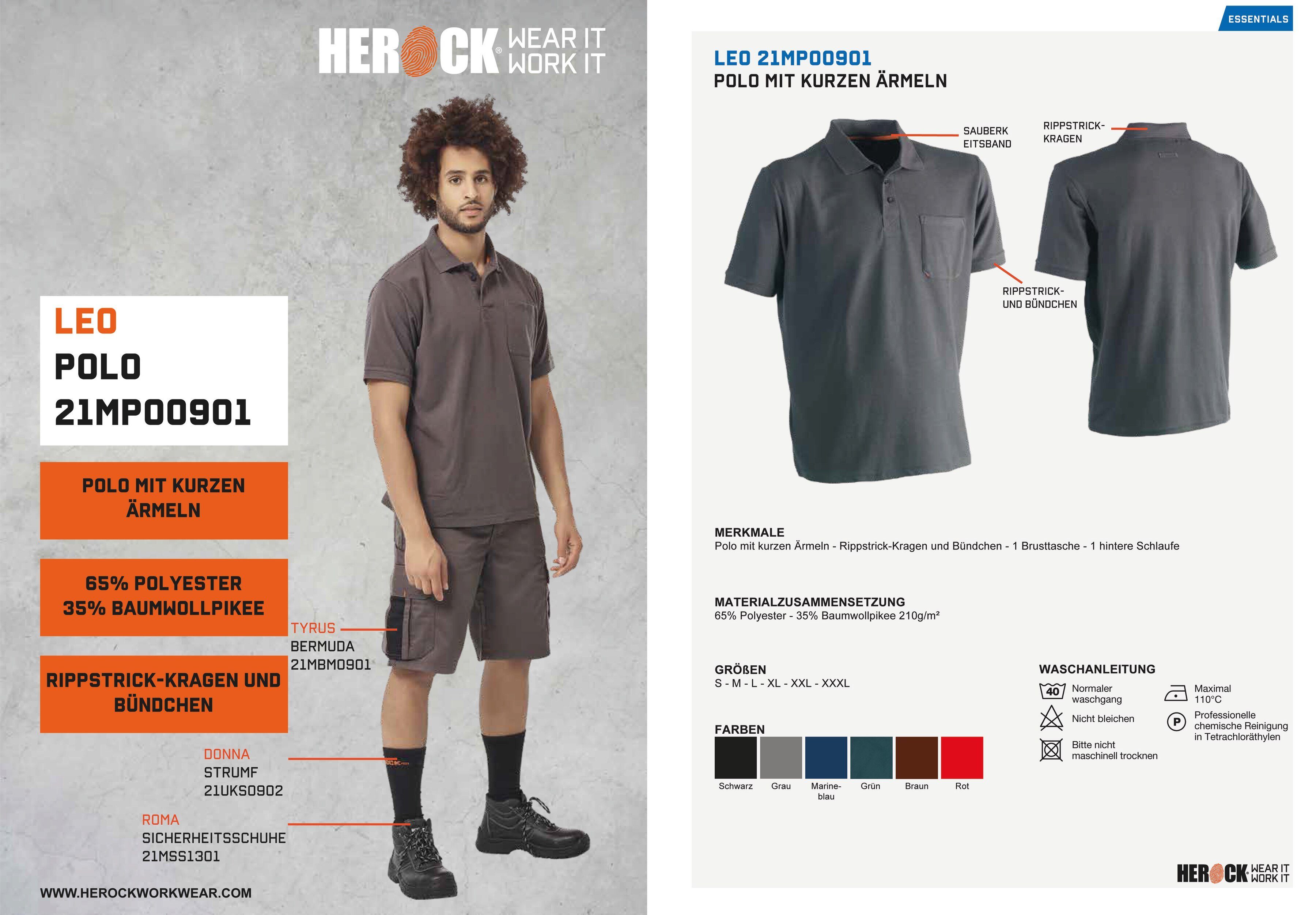 Herock Poloshirt Leo Polohemd Farben und verschiedene 1 Brusttasche, Bündchen, Kurzärmlig grau Rippstrick-Kragen