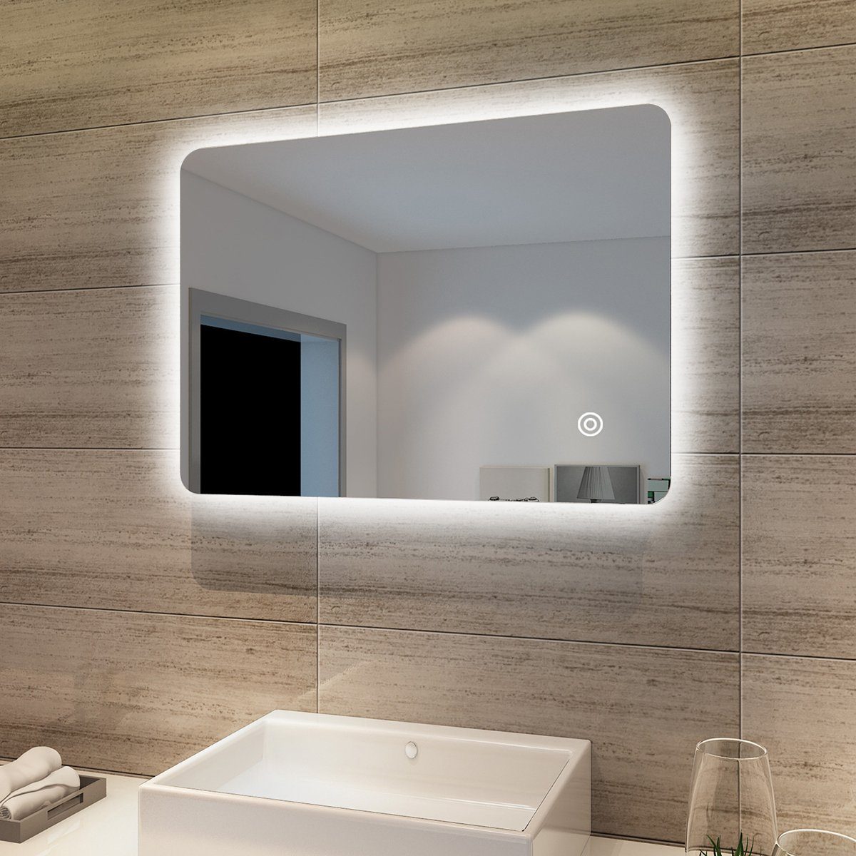 SONNI Badspiegel Badspiegel Lichtspiegel LED Spiegel Wandspiegel mit Touch-Schalter, 70 x 50cm kaltweiß IP44 energiesparend