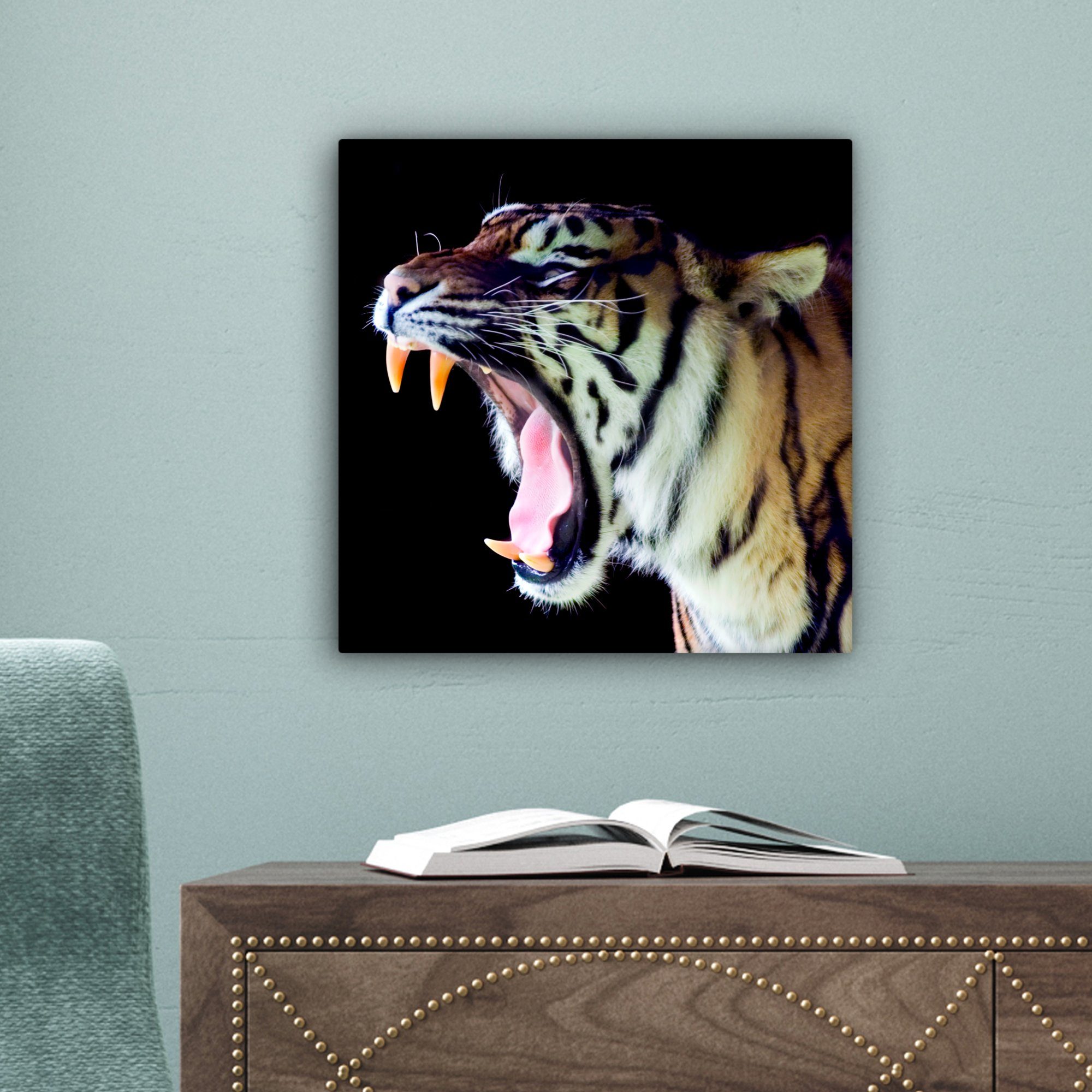 OneMillionCanvasses® Leinwandbild Tiger Leinwand für Zähne Schlafzimmer, 20x20 (1 St), Porträt, Bilder Wohnzimmer cm - 