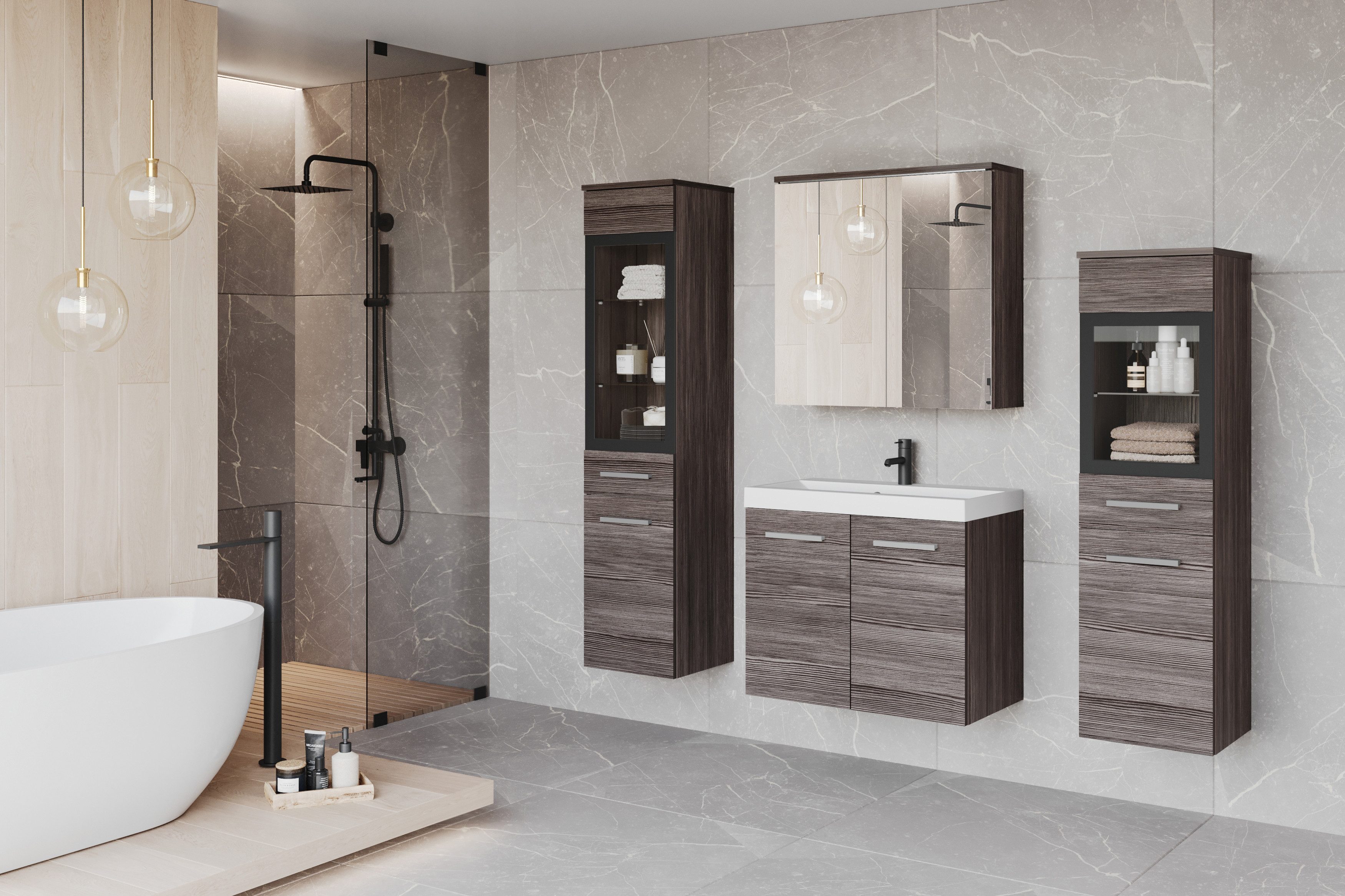 welltime Badmöbel-Set MADRIT II, Schrank mit Waschbecken, 2 Hänger, Spiegelschrank, (Komplett-Set, 5-St), Hängende Badmöbel mit Glaseinsätzen – in vielen Farben erhältlich