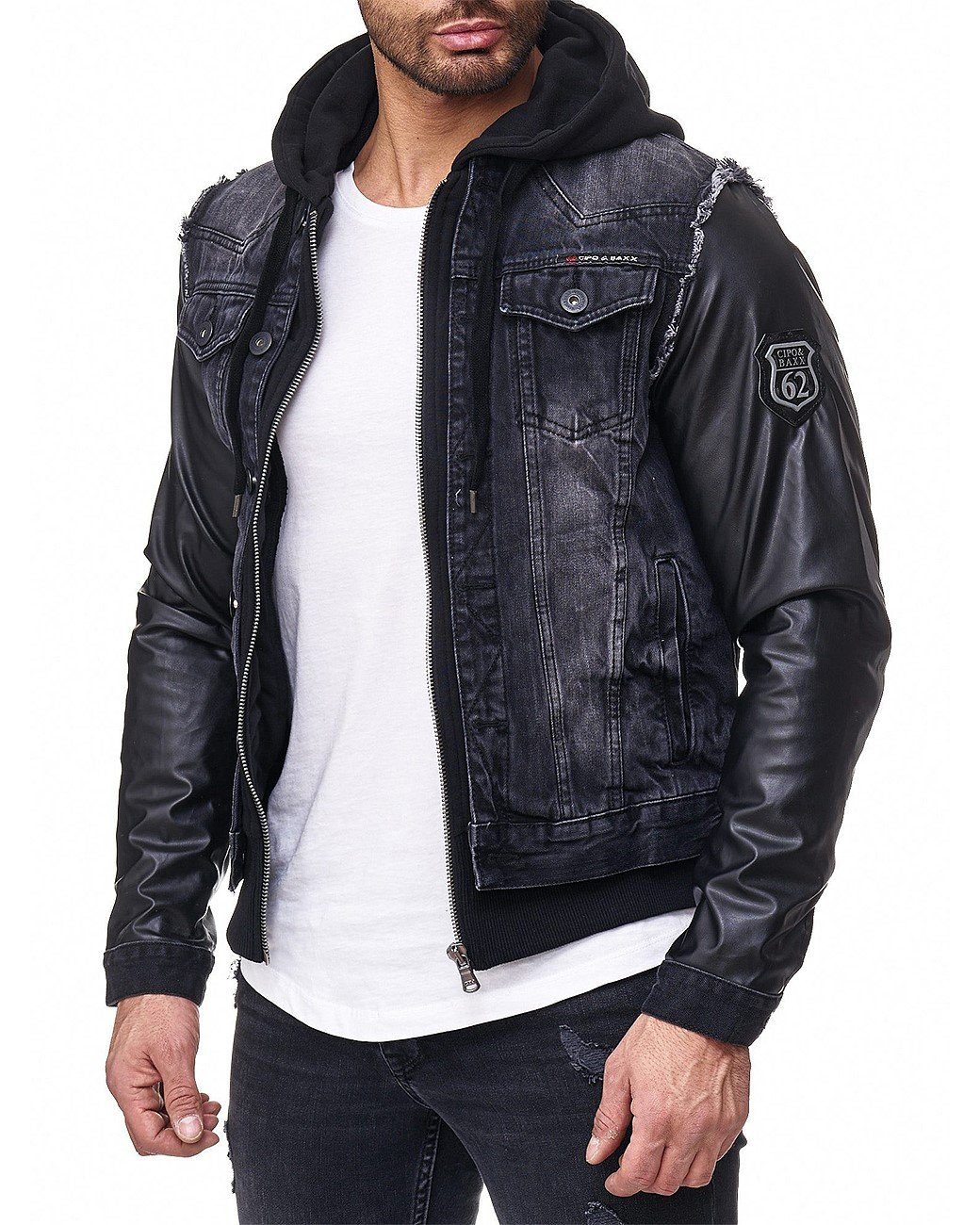 Cipo & Baxx Jeansjacke Kapuzen Denim Jacke BA-C-1290 mit Metall Patch am Oberarm