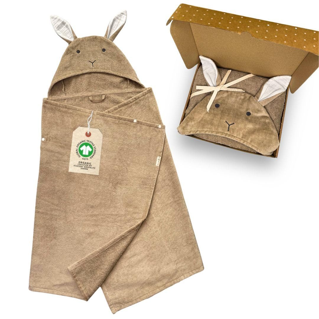 Kapuzenhandtuch Badeponcho Baby Kinder Taupe/Altrosa, 70x140cm, 100% Bio-Baumwolle