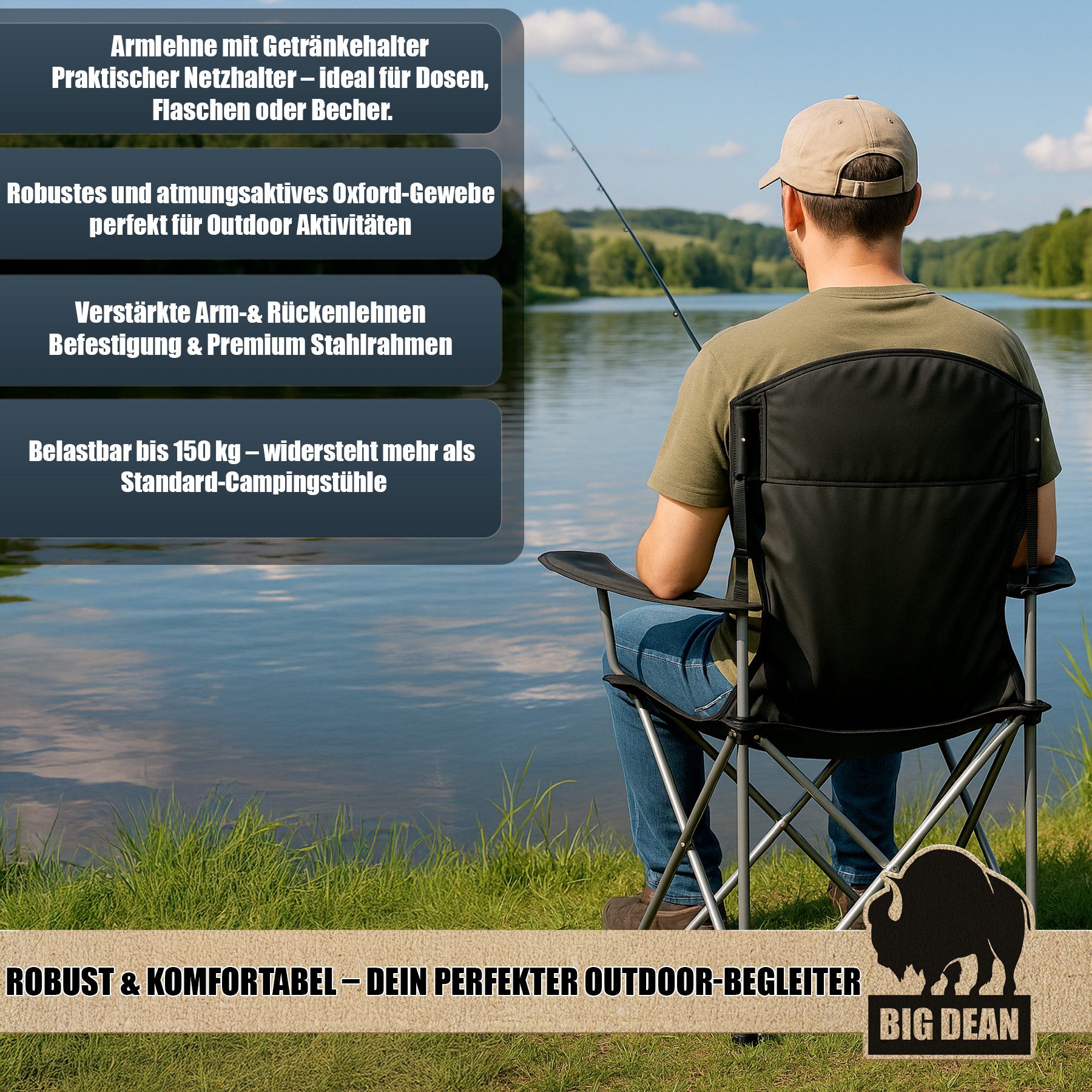BigDean Campingstuhl 2er Set Campingstuhl extra hohe Lehne max. 150kg belastbar Faltstuhl (Set, 1 St), Verlässlich, Stabil, leicht, Schmutz & Wasser abweisen. – Bild 2 von 5