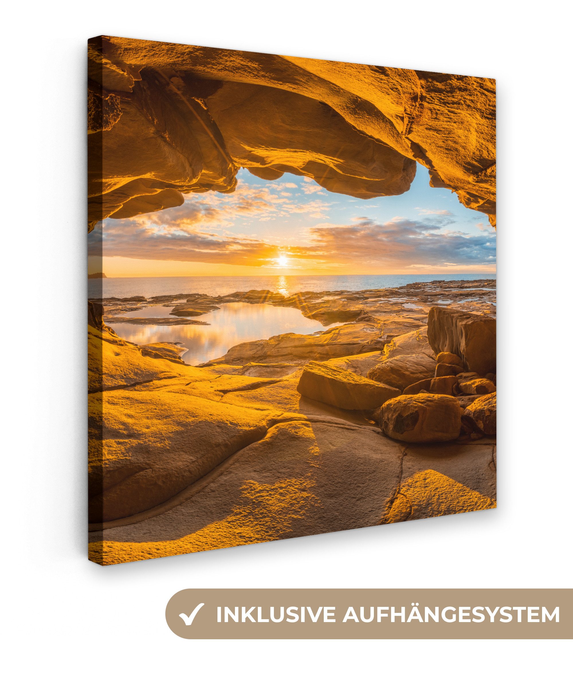 Leinwandbild Höhle - Meer - Horizont - Sonnenuntergang
