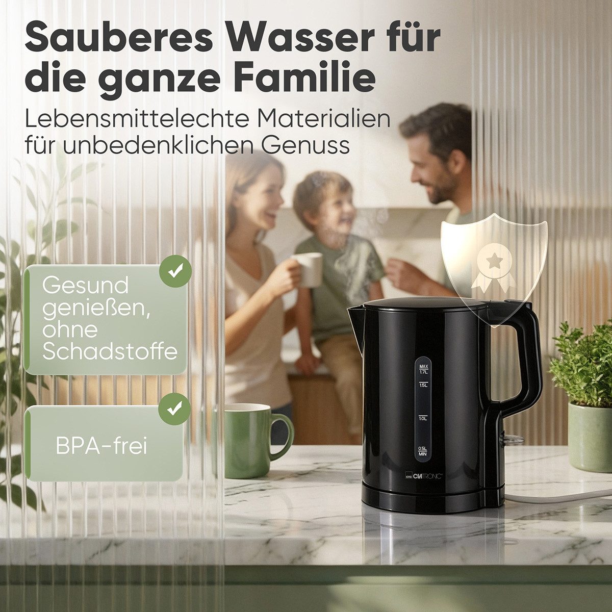 CLATRONIC Wasserkocher WK 3835, Wasserkocher 1,7L, 2200W, Einhandbedienung – Bild 4 von 5