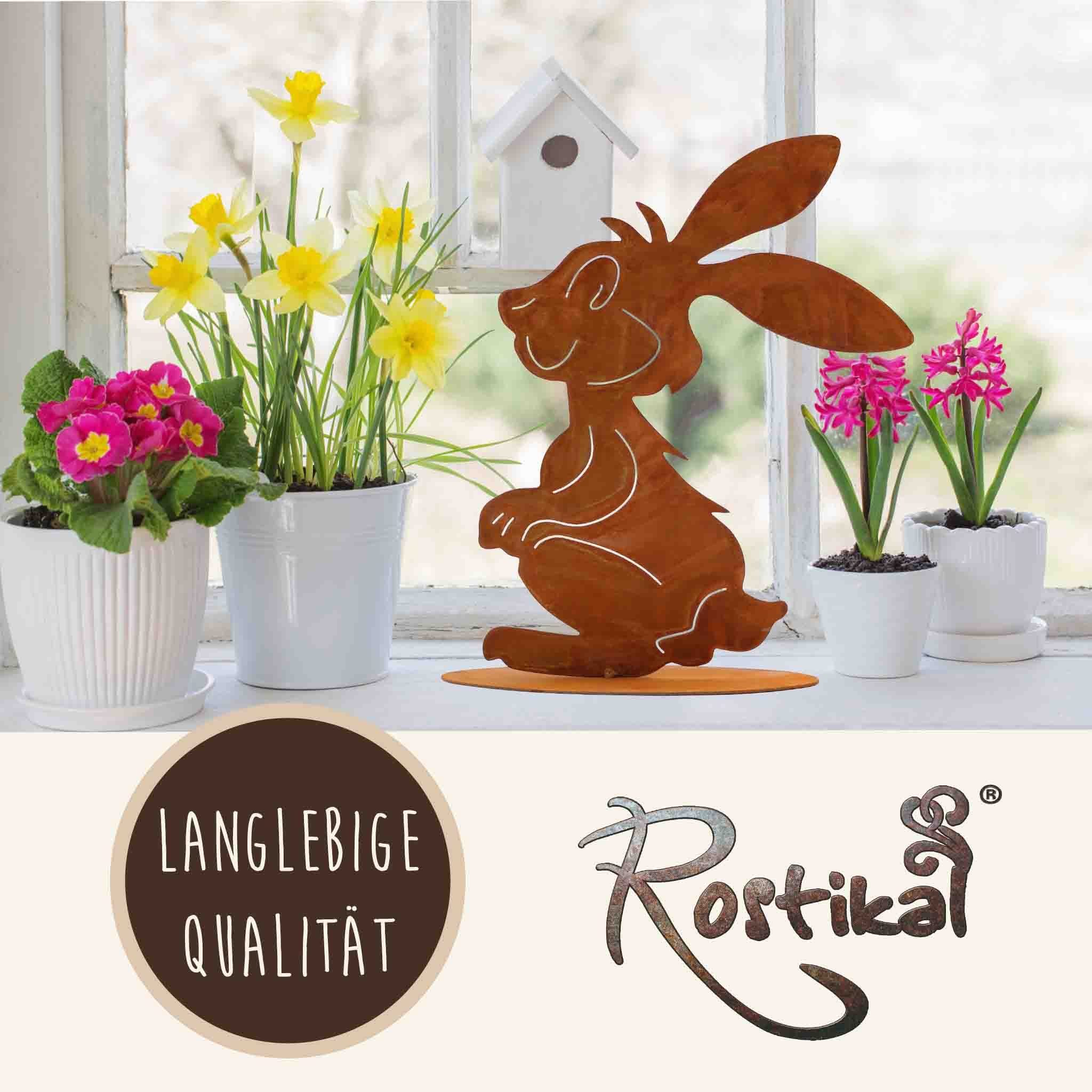 Rostikal Osterfigur Osterhase 32 cm Hase Osterdeko aussen (1 St), echter Rost, freistehend auf Bodenplatte